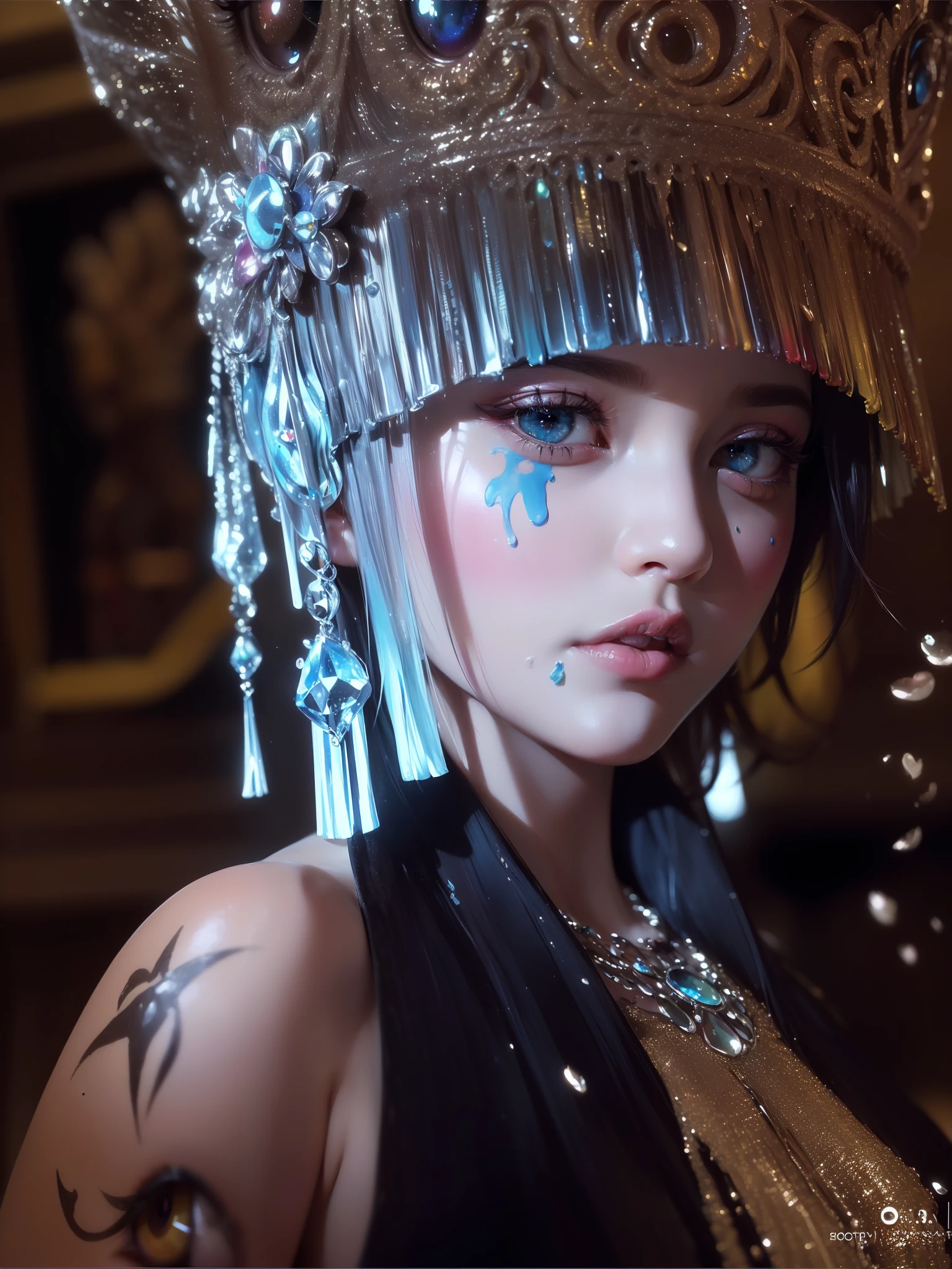 (Pink Fashion T-shirt:1.9),(Colorful hair: 1.8), (all the colours of the rainbow: 1.8),(((((vertical painting:1.6))), (painting:1.6),front, comics, illustrations, paintings, large eyes, crystal clear eyes,( rainbow color gradient high ponytail:1.7), exquisite makeup, closed mouth,(Small Fresh: 1.5),(Wipe Chest: 1.6) ,long eyelashes, white off shoulder T-shirt, White Shoulder Shirt,looking at the audience, large watery eyes, (rainbow colored hair:1.6), color splash, (solo:1.8), color splash, color explosion, thick paint style, messy lines, ((shining)),(colorful), (colorful), (colorful), colorful, Thick Paint Style, (Splash) (Color Splash), Vertical Painting, Upper Body, Paint Splash, Acrylic Pigment, Gradient, Paint, Highest Image Quality, Highest Quality, Masterpiece, Solo, Depth of Field, Face Paint, colorful clothes, (Elegant: 1.2), gorgeous,long hair, wind, (Elegant: 1.3), (Petals: 1.4),(((masterpiece))),(((best quality))),((ultra-detailed)),(illustration),(dynamic angle),((floating)),(paint),((disheveled hair)),(solo),(1girl) , (((detailed anima face))),((beautiful detailed face)),collar,bare shoulders,white hair, ((colorful hair)),((streaked hair)),beautiful detailed eyes,(Gradient color eyes),(((colorful eyes))),(((colorful background))),(((high saturation))),(((surrounded by colorful splashes))),