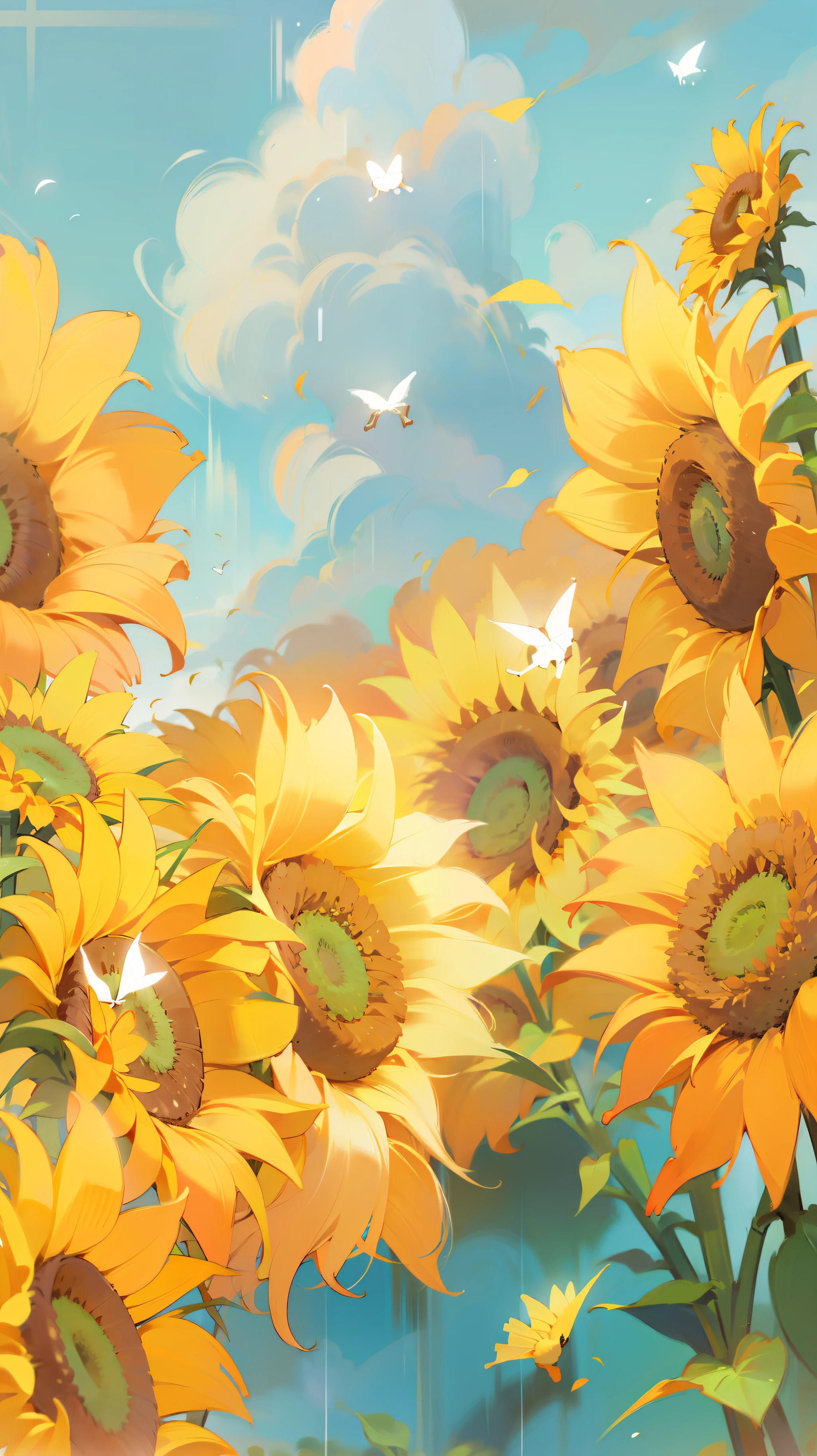 Ultra clear, super detailed, colorful, sunflowers, flying butterflies, clouds, sunlight