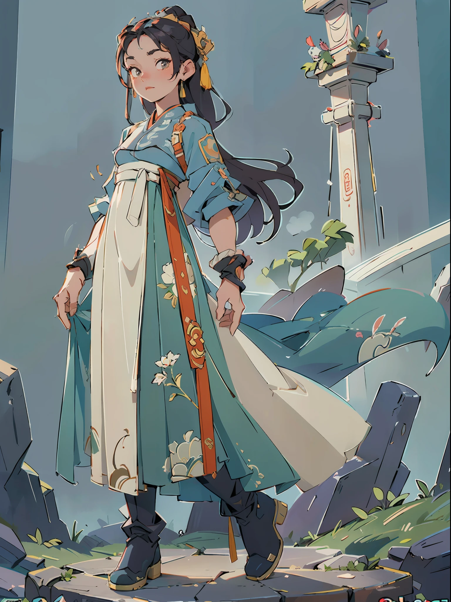 An ancient Chinese woman, gentle expression, full body, clear facial features, amazing facial features, gorgeous long skirt, intricate design, boots, game model, stunning lighting, C4D, OC rendering, movie edge light, fine light, masterpiece, super detailed, epic composition, super HD, high quality, highest quality, 32k