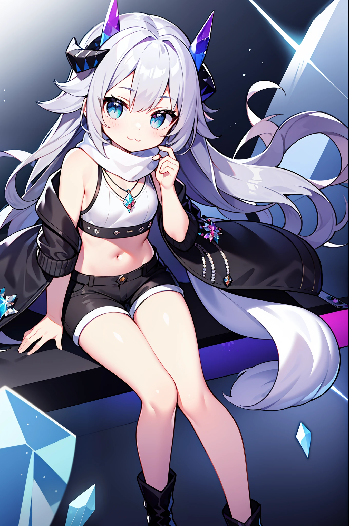 Masterpieces, Need, 1girle, grey hair, medium long hair, A pair of small horns made of colored crystal, Colored eyes, looking at the viewer, :3, cutest,White scarf, Gray jacket,short black shorts ,Caves filled with colored crystals,Crop topping,bare leg,Crystal pendant