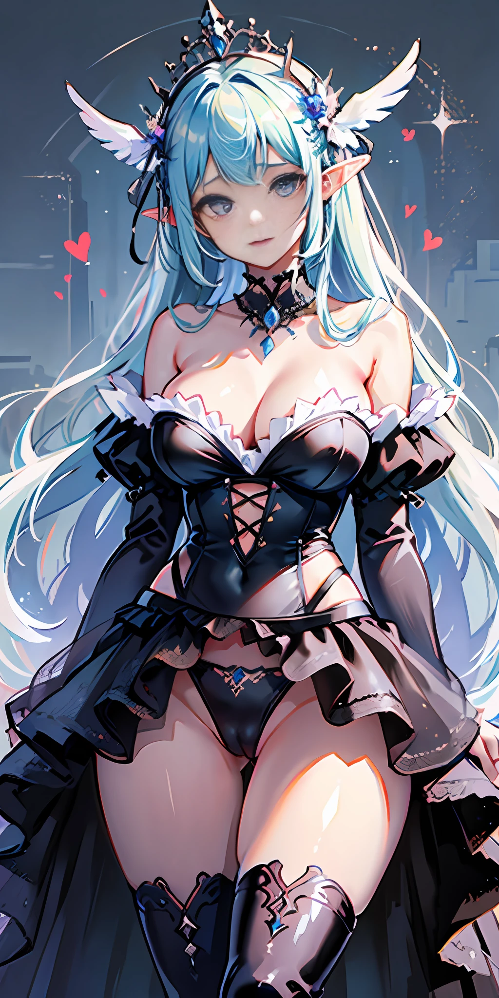 [Black:Blue:0.65] motif，Masterpieces，A masterpiece of a mature woman，Detailed visual art，Blue eyes，Makeup，Gothic，Silver hair，Elf ears，hair，collarbone，Royal Queen，Elegance，Gorgeous quinceanera dress，Detailed layered skirt，[Detailed frills:0.1], [Frilled dress:0.1], embroidery, [Detail princess dress:0.1], Bare shoulders, Big tits:1.3, Open crotch, Thigh seams, groin, Long boots，[NSFW|uncensored], (Simple background:1.1) , Low wing,corps entier