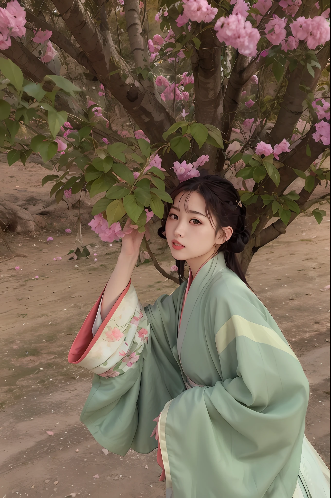 araffe woman in a kimono standing under a tree with pink flowers, Hanfu, pale and coloured kimono, in kimono, palace ， a girl in hanfu, in kimono, in a kimono, traditional japanese colors, Japanese kimono, in a kimono, wearing ancient chinese clothes, Middle metaverse, in a kimono, Inspired by Ma Yuanyu