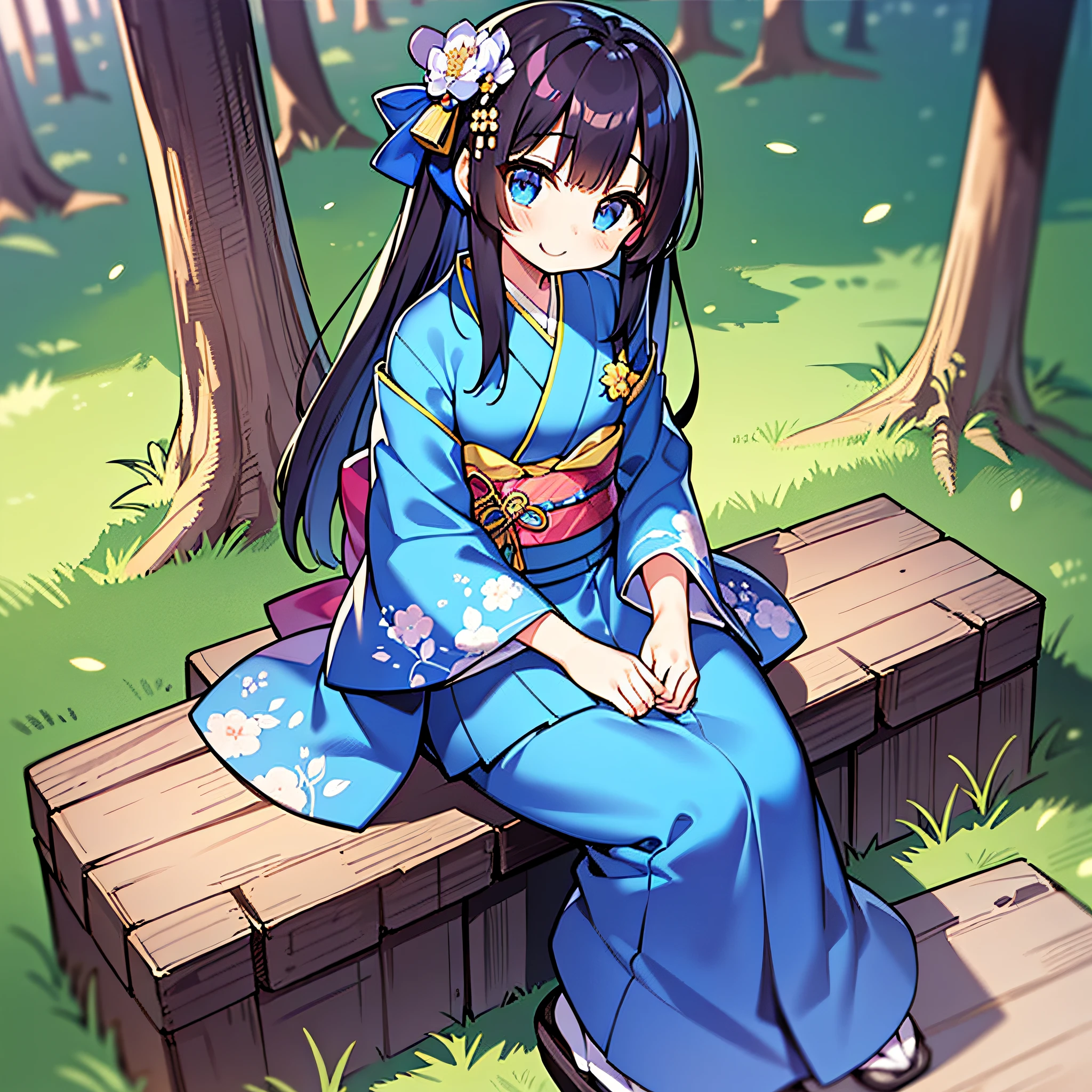 masterpiece,best quality,ultra-detailed,
ᗜ ‸ ᗜ,default,(blue kimono:1.2),(blue ribbon:1.2),japanese clothes,long sleeves,wide sleeves,yellow bow,
1girl,solo,kyouka,cute,(loli:1.5),sitting,sitting on the Grassland,Forest,full body,looking at viewer,from above,