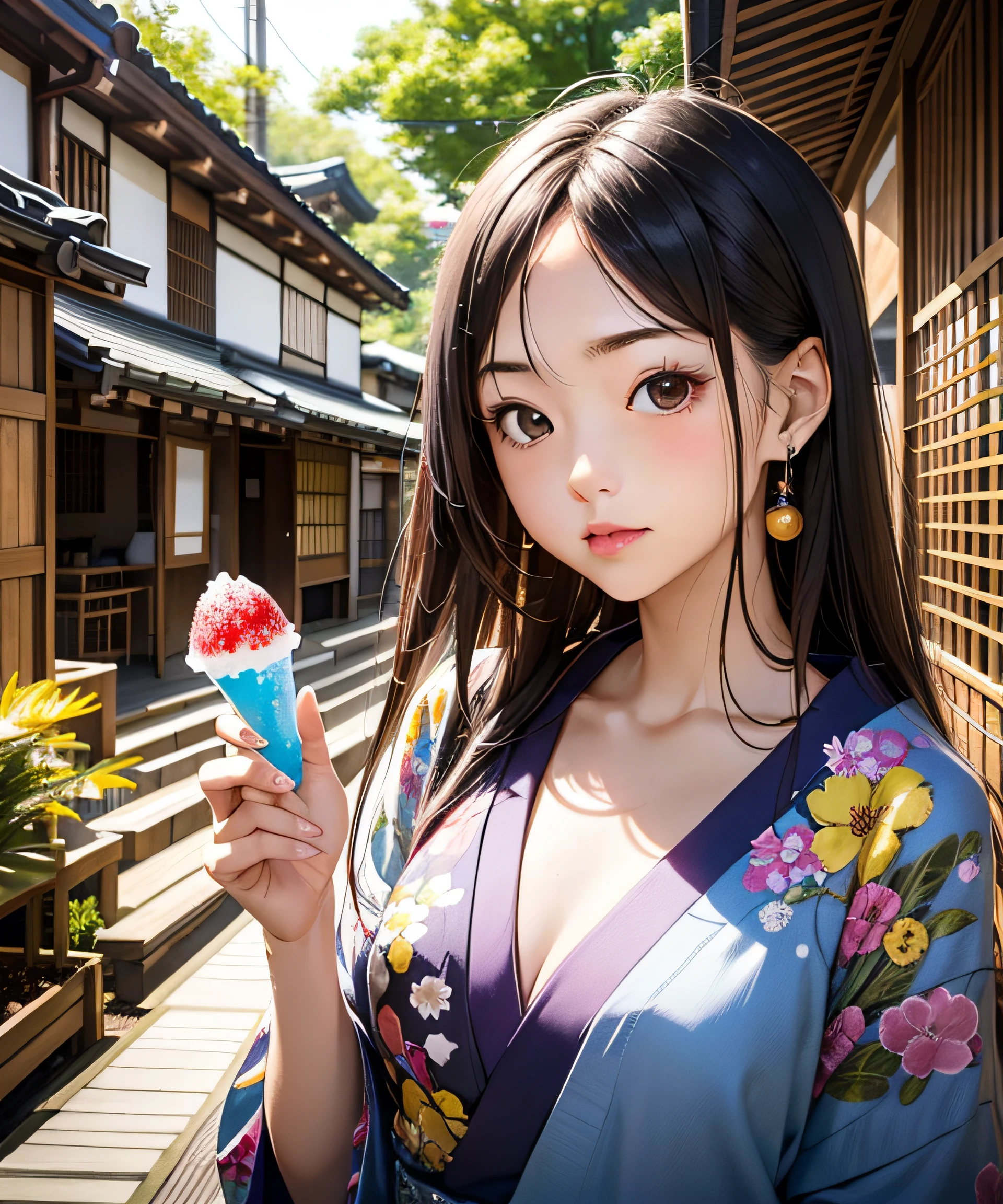 master masterpiece、real、bestquality、photo-realistic、shaved ice、A beautiful girl in Japan raises her eyebrows and sticks her hand to her forehead、Summer Traditions、wind chimes