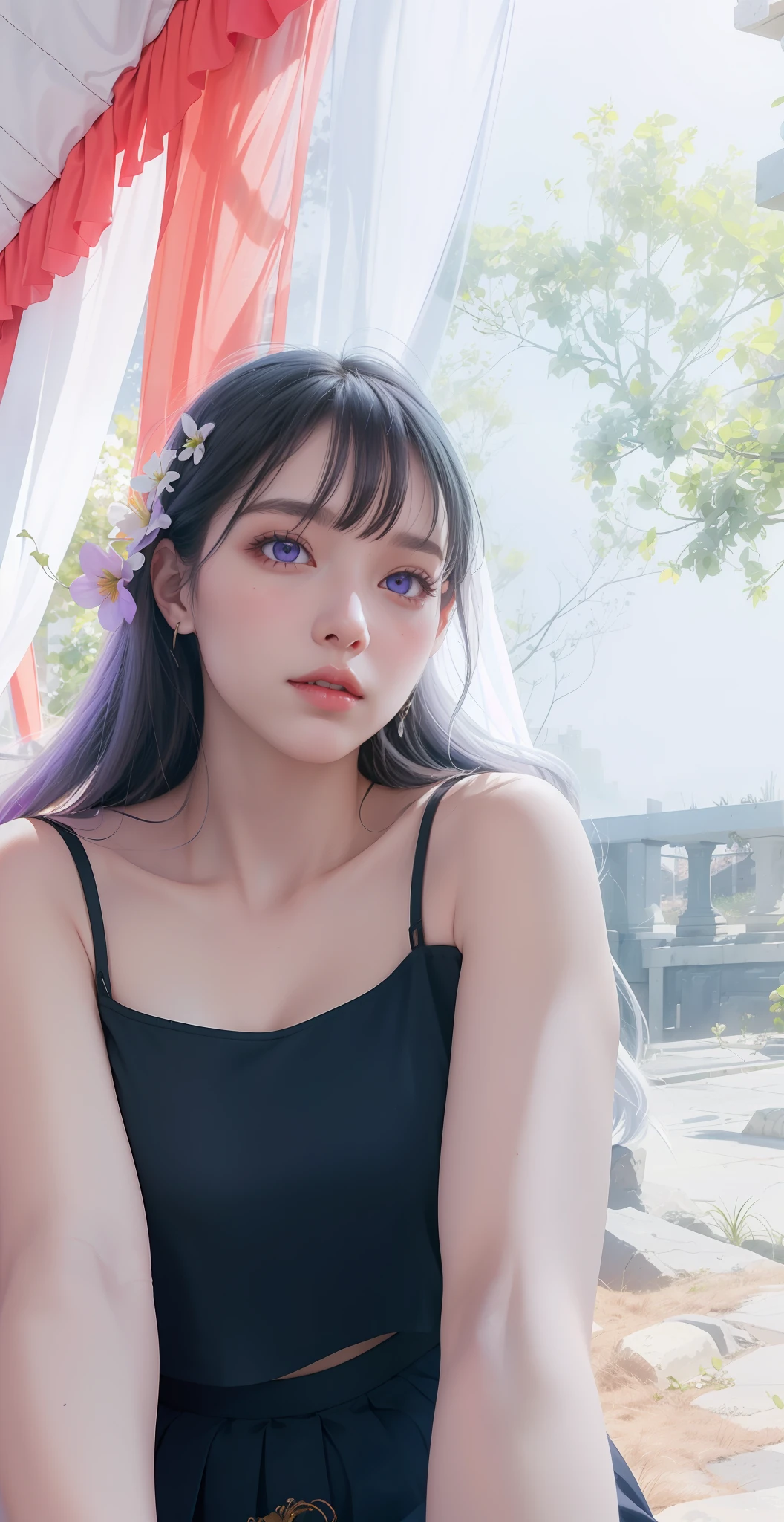 realistic, 1girl, white hair, purple eyes, glowing eyes, crop top, skirt, parted lips, blush, night, flowers, sun, sunlight,