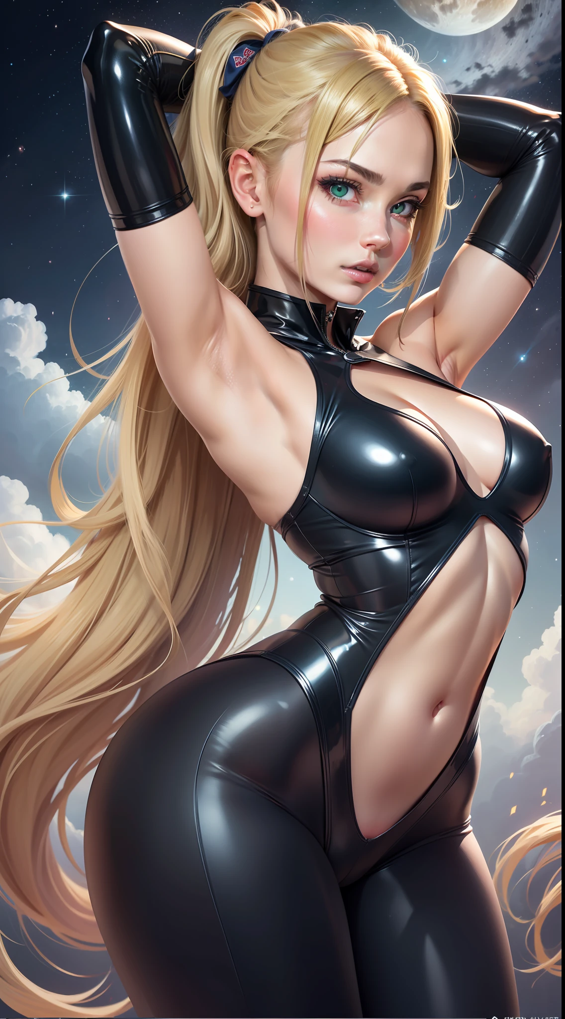 1 girl, ig model, ninja, bodysuit, action pose, arms up, arms behind head, blonde hair, long hair, green eyes, lewd face, sexy, cleavage, armpits, large breasts, wide hips, thick thighs, muscles, abs, realistic, ray traced, desert, sand, night, stars, moon, clouds