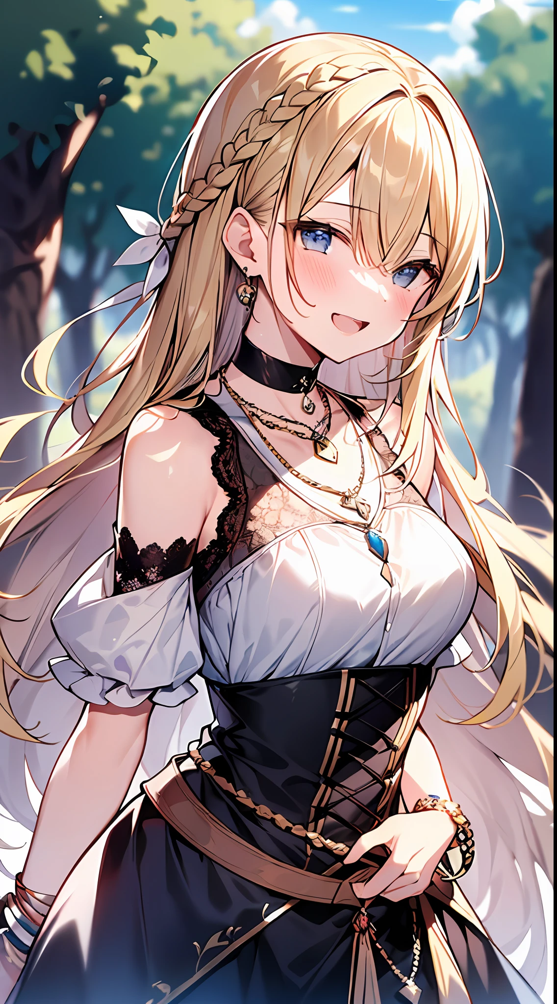 (incredibly absurdres absolutely resolution:1.5)、bestquality、masterpeace、Ultra High Resolution、8k、(Flared lace skirt with a lot of decoration、blouse、necklace、bracelet) BREAK Shoujo Manga Style、(Lori)、Soft line art、Digital Enhancement、A touch of shoujo manga、Environmental Change Scene、Shoujo Mangacore、(((Hair length to the shoulders)))、(((short braiding)))、Laugh with open mouth、close one’s eyes、Ancient capital of the West、Angle from which you can see the whole body、entangle、beautiful and aesthetic:1.5、High quality:1.3
