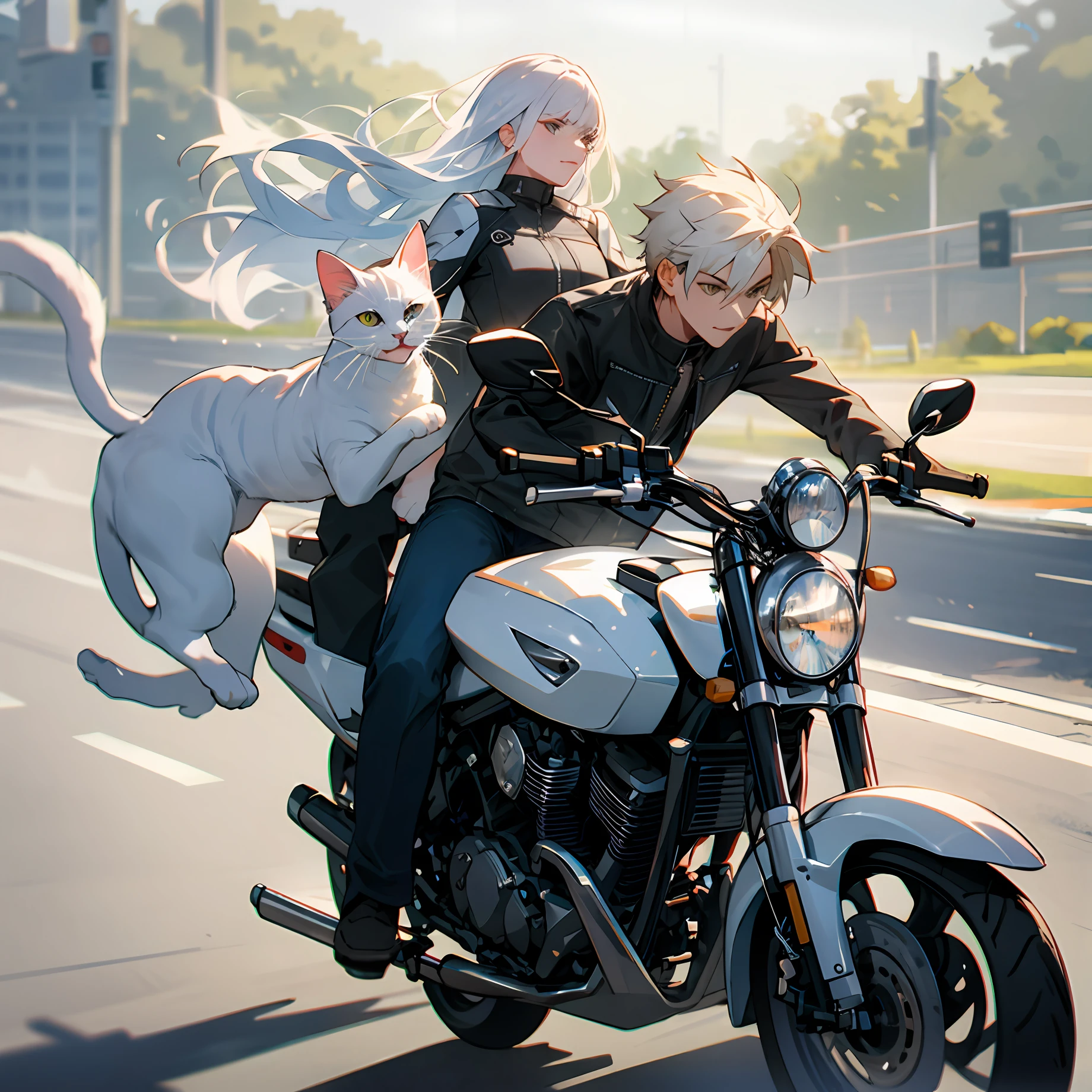 Boy riding motorcycle with white cat and girlfriend