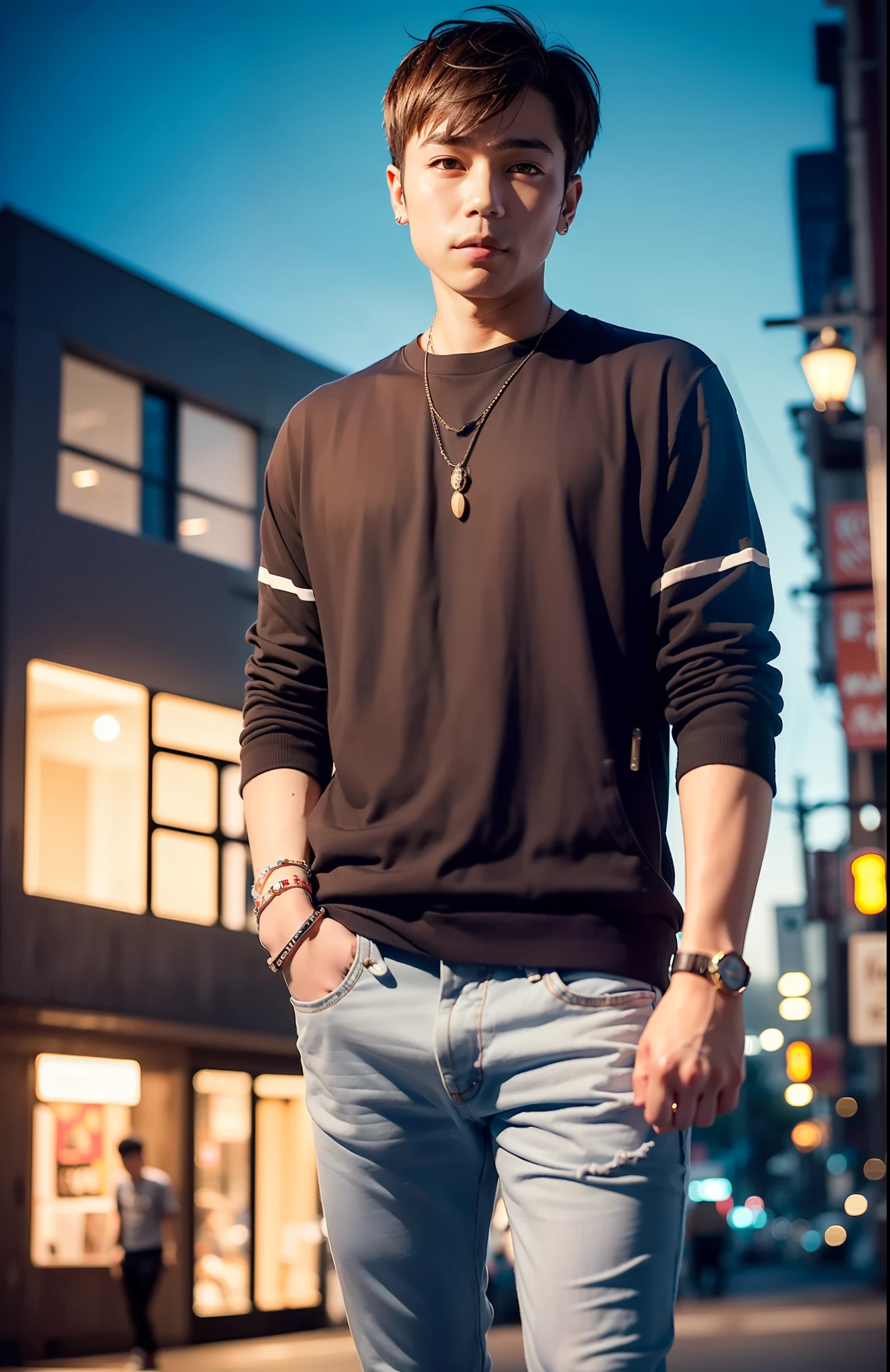 (photo realistic:1.1)、(blur:1.5)、(CLK:1.3)、
masterpeace、(master masterpiece:1.3), absurdres, Hi-Res, hyper-detailed, (Cool 15 year old guy:1.5), (Casual and fashionable clothes:1.5),
Dark brown slightly peculiar but smooth hair、(Cute big eyes:1.3)、Well-formed face、Beautiful skin、solo、Dynamic angles、smiling face、 appeal、pheromone、handsome man、
Enjoying in the downtown area at night lined with multi-tenant buildings、It is very noticeable、It was eye-catching, And its appearance was full of charm that attracted women、