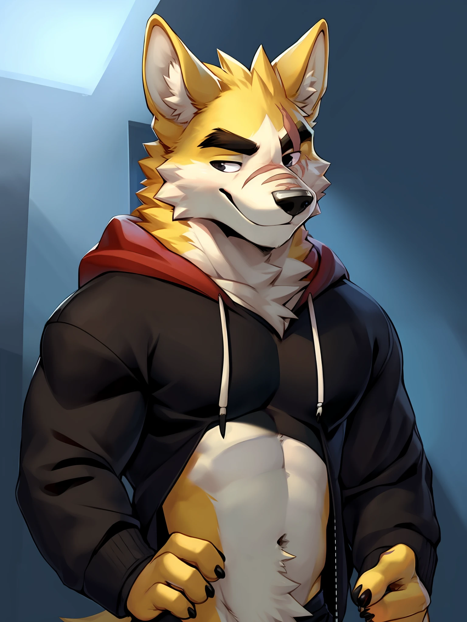 4masterpiece, best quality, nj5furry,furry male, 1boy, furry, male focus, solo,animal ears, formal, wolf ears,wolf boy, smile ,
white fur, yellow fur, brown fur, two-tone fur,black eyes, black shirt, red hood, black hoodie, thick eyebrows, tail, scar on eye,yellow ears,
by null-ghost