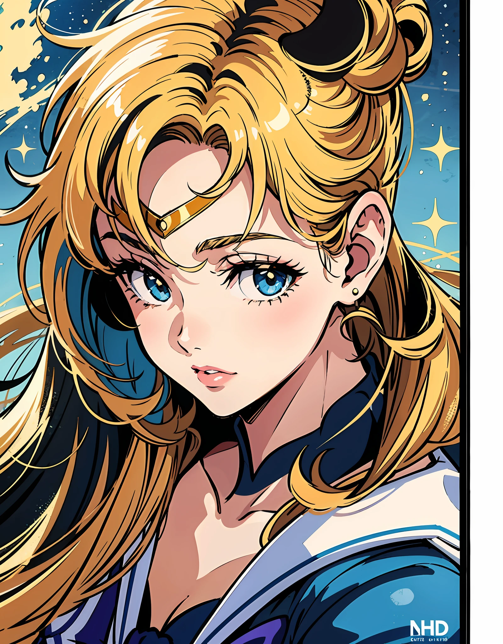 an anime girl with blonde hair on front of a poster, Sailor Moon, in the style of vintage aesthetics, celebrity and pop culture references, animated gifs,gritty reportage,asante art, 32k uhd, 19thcentury --ar 58:77 --niji 5