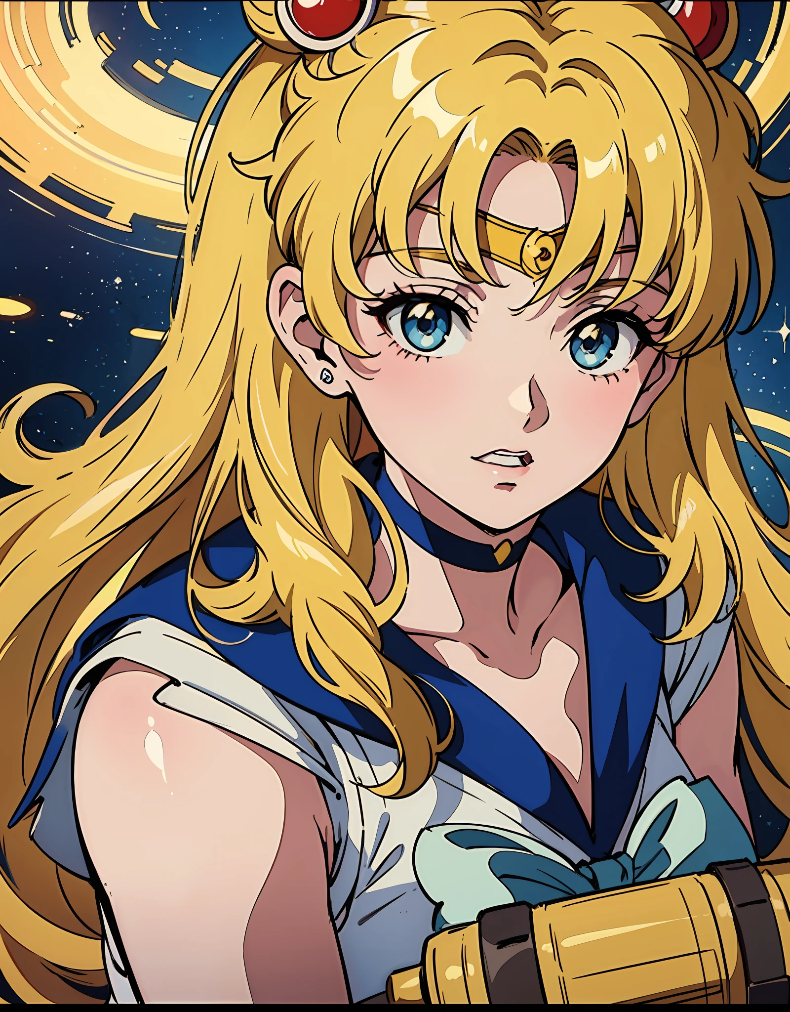 an anime girl with blonde hair on front of a poster, Sailor Moon, in the style of vintage aesthetics, celebrity and pop culture references, animated gifs,gritty reportage,asante art, 32k uhd, 19thcentury --ar 58:77 --niji 5