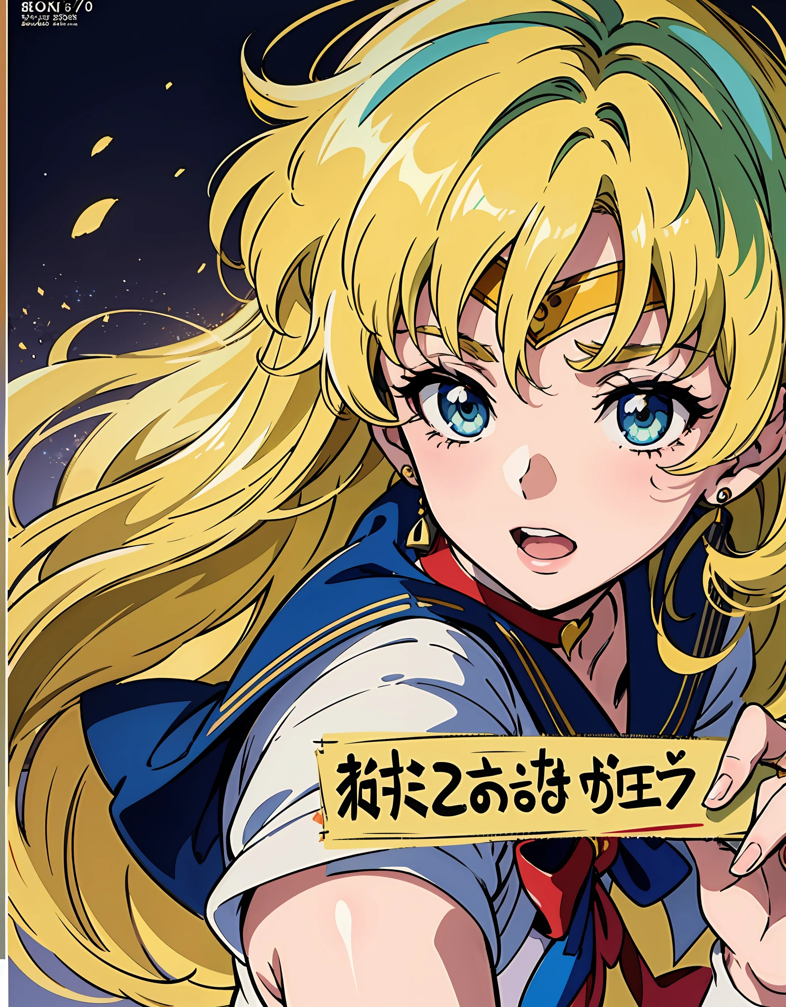 an anime girl with blonde hair on front of a poster, Sailor Moon, in the style of vintage aesthetics, celebrity and pop culture references, animated gifs,gritty reportage,asante art, 32k uhd, 19thcentury --ar 58:77 --niji 5