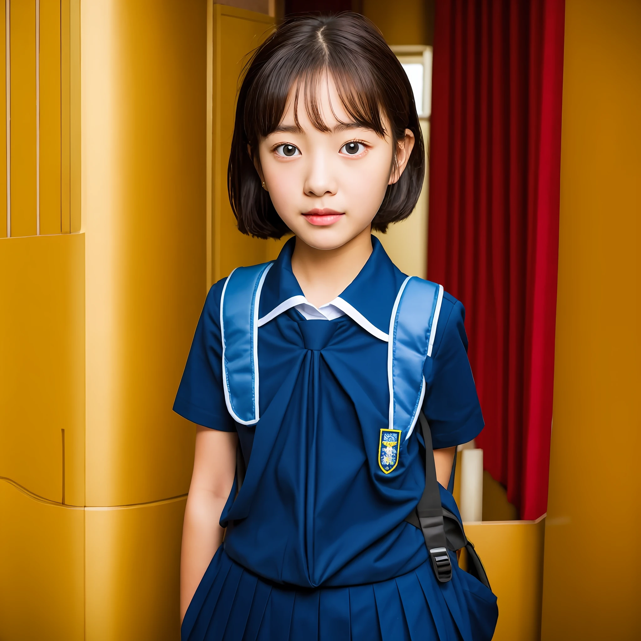 there is a young girl in a uniform and a backpack, girl wearing uniform, wearing japanese school uniform, wearing school uniform, wearing a school uniform, japanese school uniform, japanese girl school uniform, korean girl, school girl, a hyperrealistic schoolgirl, seifuku, school uniform, cute schoolgirl, young asian girl, jaeyeon nam, portrait of a japanese