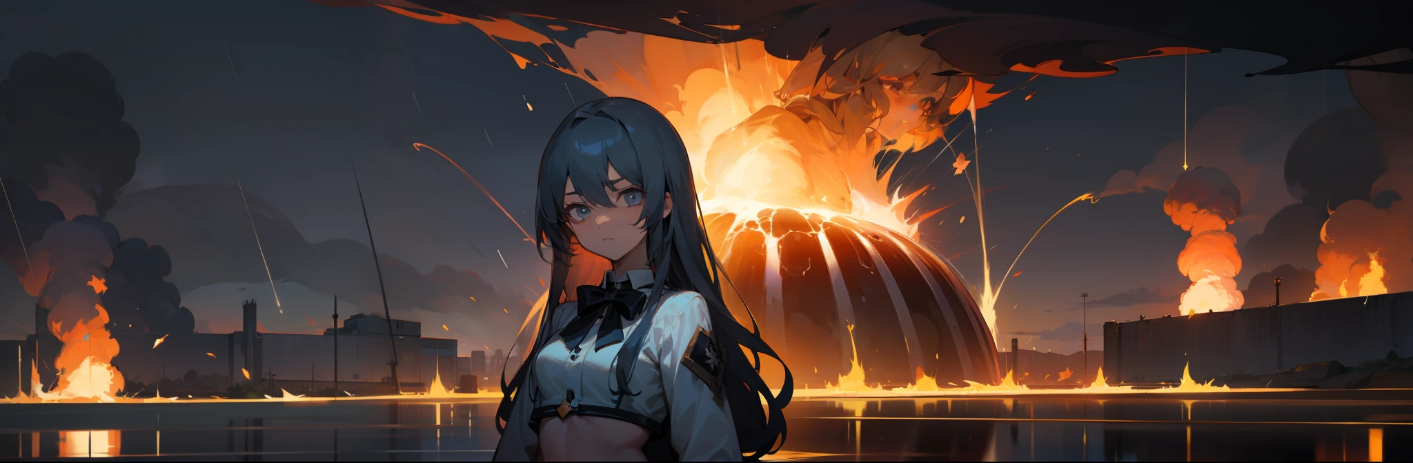 masterpiece,best quality, illustration,{beautiful detailed girl},beautiful detailed glow,(flames of war:1.2),(nuclear explosion behide:1.3),rain,detailed lighting,detailed water,(beautiful detailed eyes:1.1),expressionless,palace,azure hair,disheveled hair,long bangs,hairs between eyes,(whitegrey dress:1.1),black ribbon,white bowties,midriff,big forhead,blank stare,flower,long sleeves