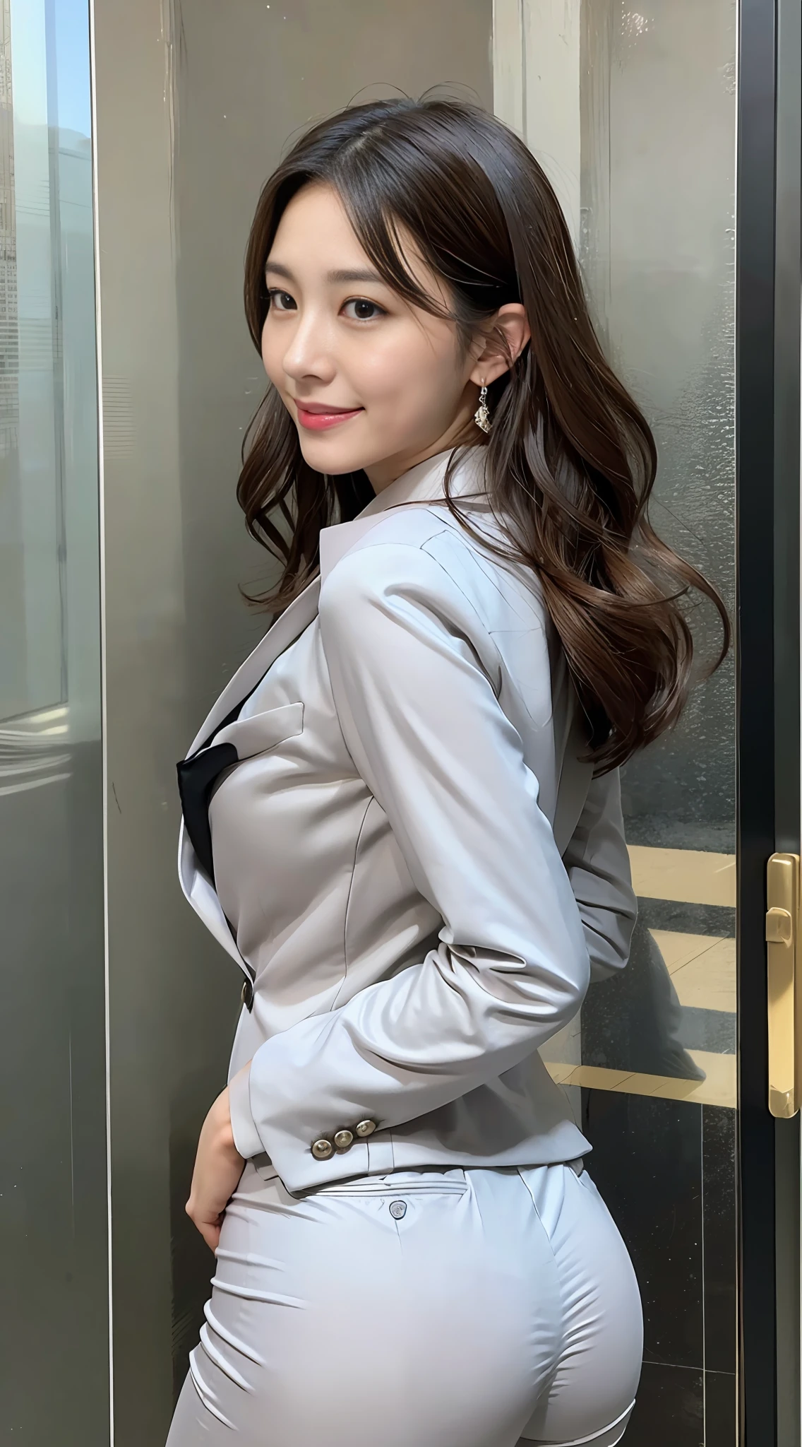 (Masterpiece:1.3), (8K, Photorealistic, RAW Photography, Best Quality: 1.4), Japan, Beautiful Face, (Realistic Face), (Medium Hair:1.3), Realistic Eyes, Beautiful Eyes, (Real Skin), Beautiful Skin, Attractive, Ultra High Definition, Ultra Realistic, High Definition, Beautiful Japan Woman, Grey Suit, Business Suit, Office Lady, Pants, From Back, Office Street, (Protruding Butt: 1.2), Detailed Face, Medium Hair, Loose Perm, From Bottom, Smile,