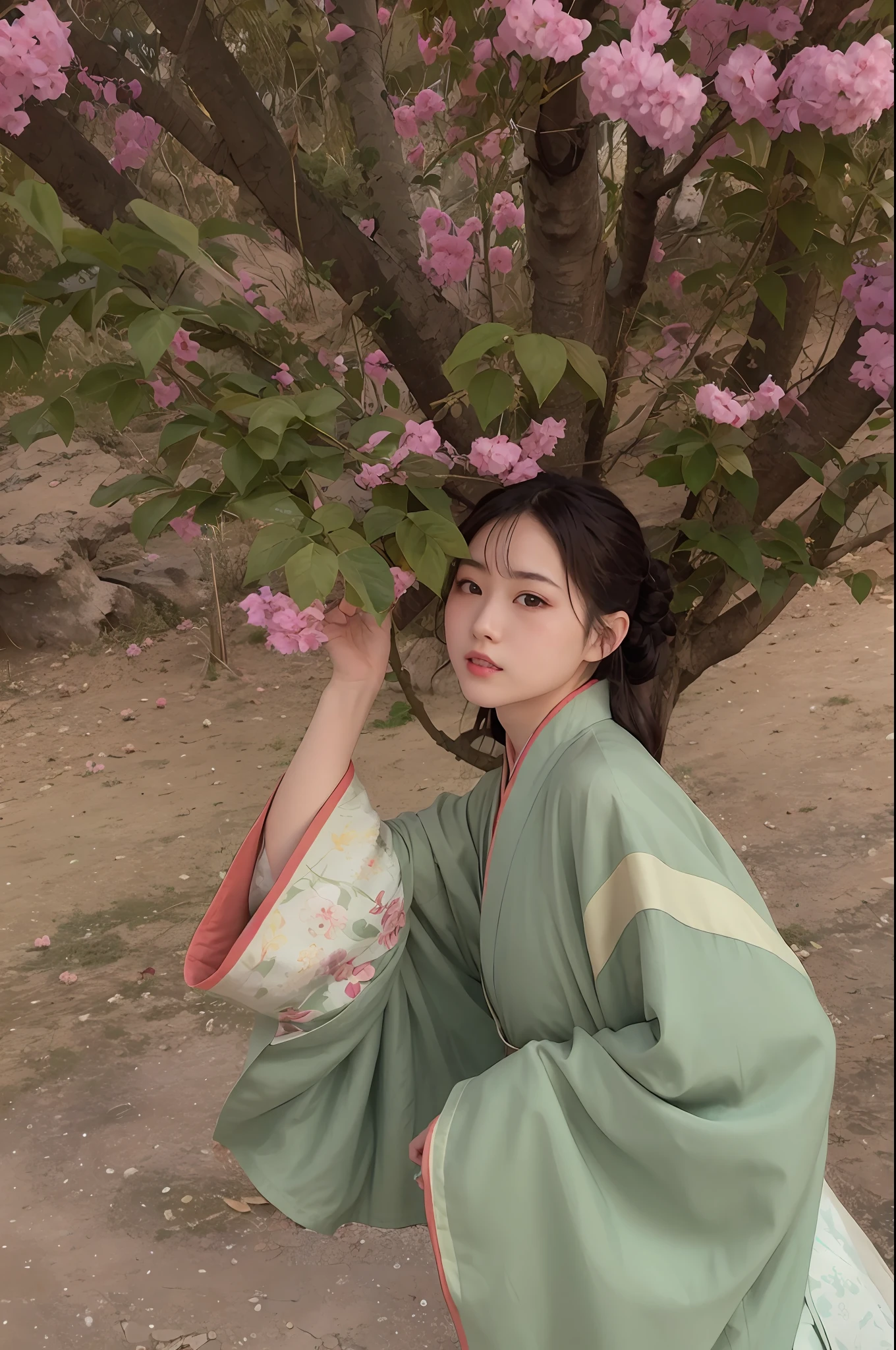 Woman in kimono standing under a tree with pink flowers, Hanfu, pale and coloured kimono, in kimono, palace ， a girl in hanfu, in kimono, in a kimono, traditional japanese colors, Japanese kimono, in a kimono, wearing ancient chinese clothes, Middle metaverse, in a kimono, Inspired by Ma Yuanyu