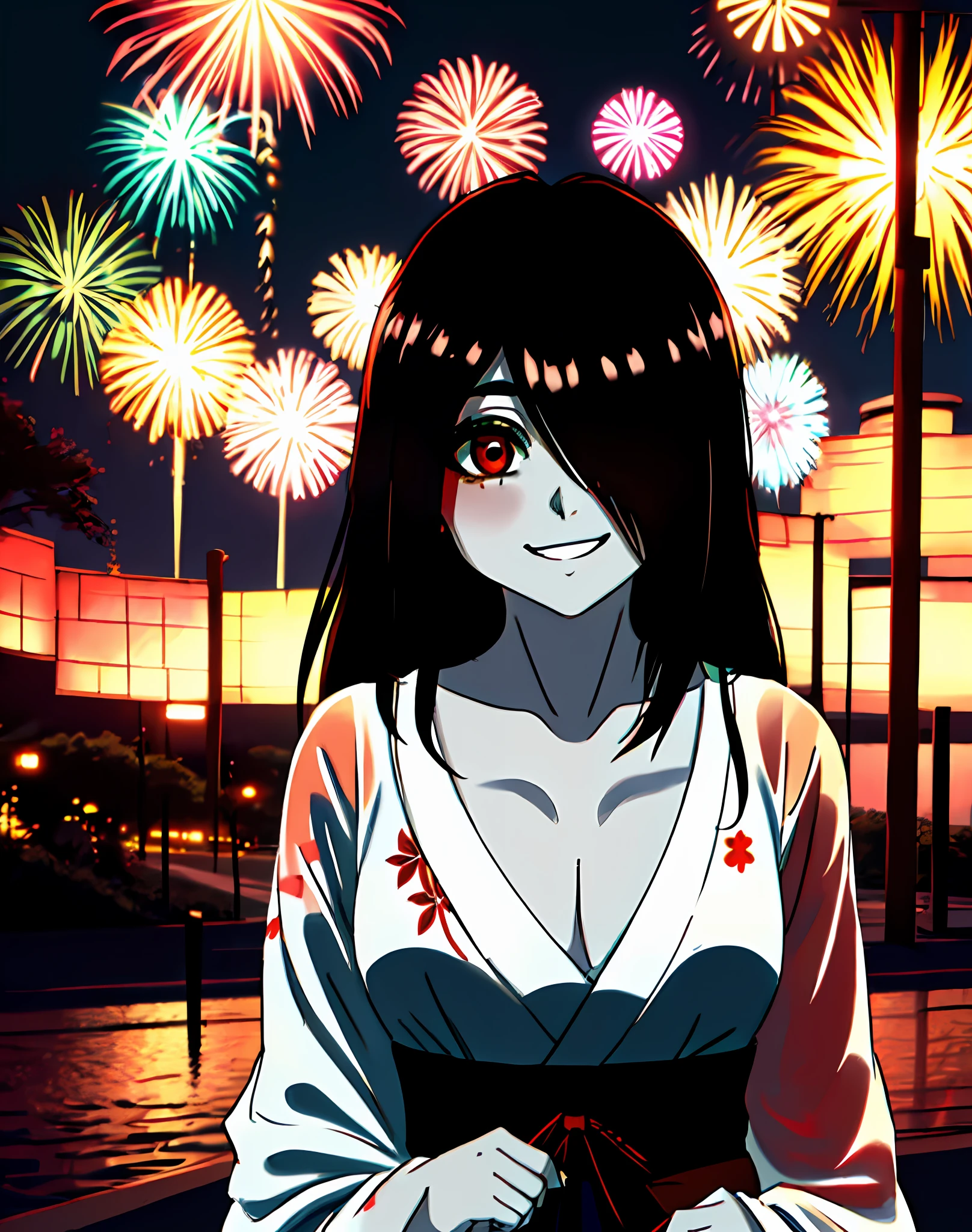 masterpiece, Best Quality, (crazy eyes:1.2), (Crazy smile:1.15), (shaded face:1.15), mature female, night、Fireworks Yandere, yandere trance,White clean skin、 empty eyes, Red eyes, Half-closed eyes, wide-eyed, Film Grain, Dark hair, Long hair、hair over one eye、I'm wearing a yukata、