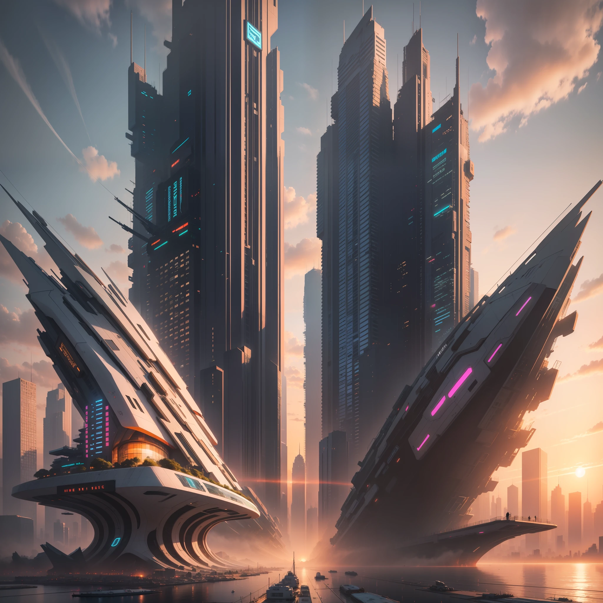 Megacity floating in the sunset　Cyberpunk　Tomorrow's world　futuristic city　skyscraper　bestquality　master masterpiece　Ultra High Resolution