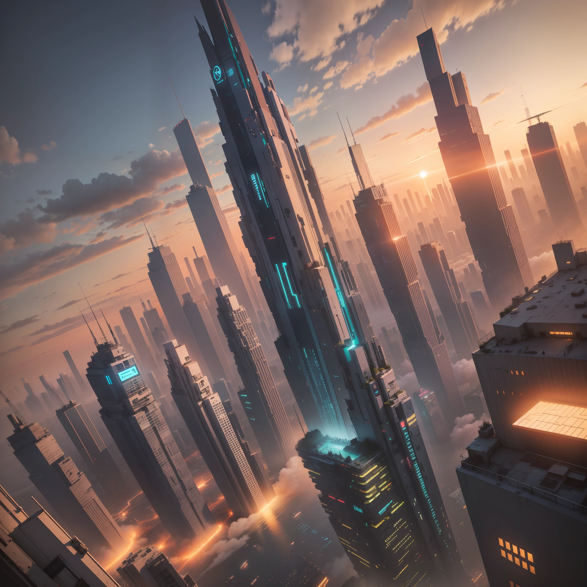Megacity floating in the sunset Cyberpunk Tomorrow's world futuristic city skyscraper bestquality master masterpiece Ultra High Resolution