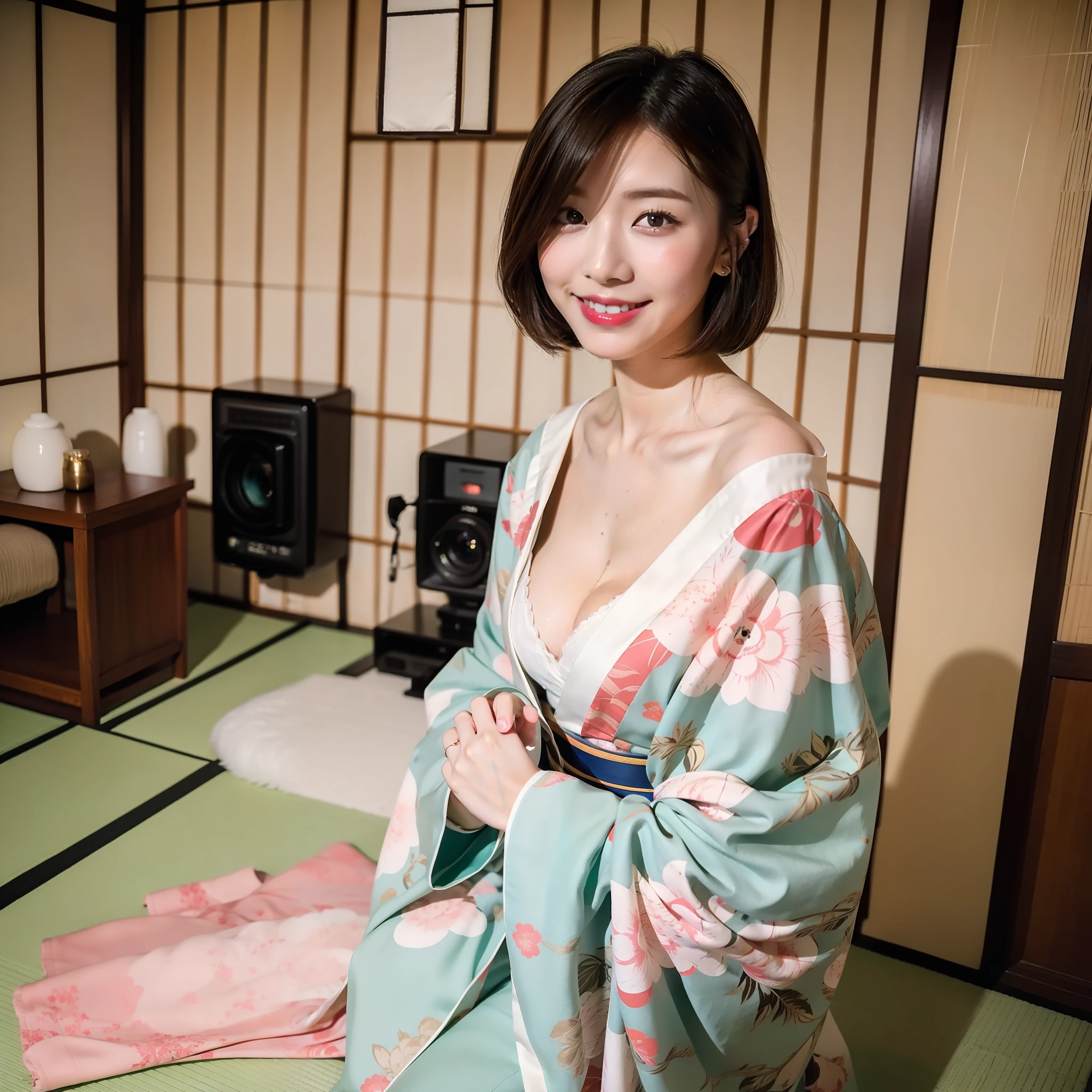 ((Best Masterpiece)), ((High Quality)), ((Real)), ((8k)) Super beautiful, cute, Oiran , luxury inn, proprietress, kimono, 12 single kimono, Japan people, 30 years old, 1 female, cleavage, shoulder out, sitting on tatami mat, blonde, yawn, braless, slender, full body, customer service, elegant woman, sony slr photography, 1 short hair, looking at camera, tatami room, room with hanging scroll, smile, background realistic, Photo, mole under the eye, from the front