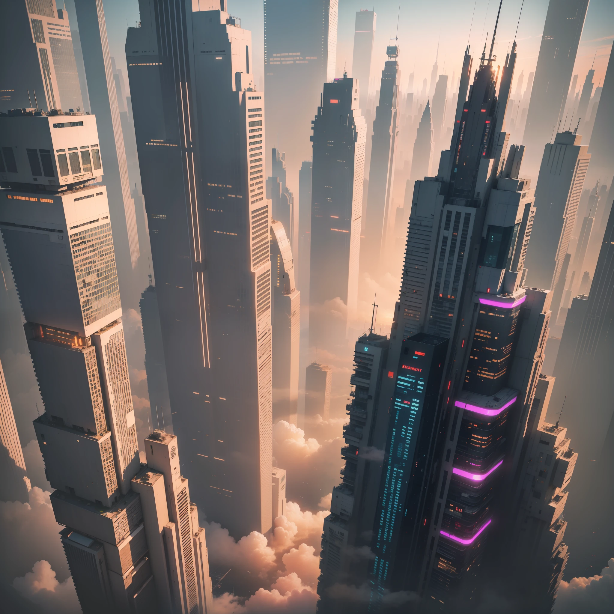 Megacity floating in the sunset Cyberpunk Tomorrow's world futuristic city skyscraper bestquality master masterpiece Ultra High Resolution