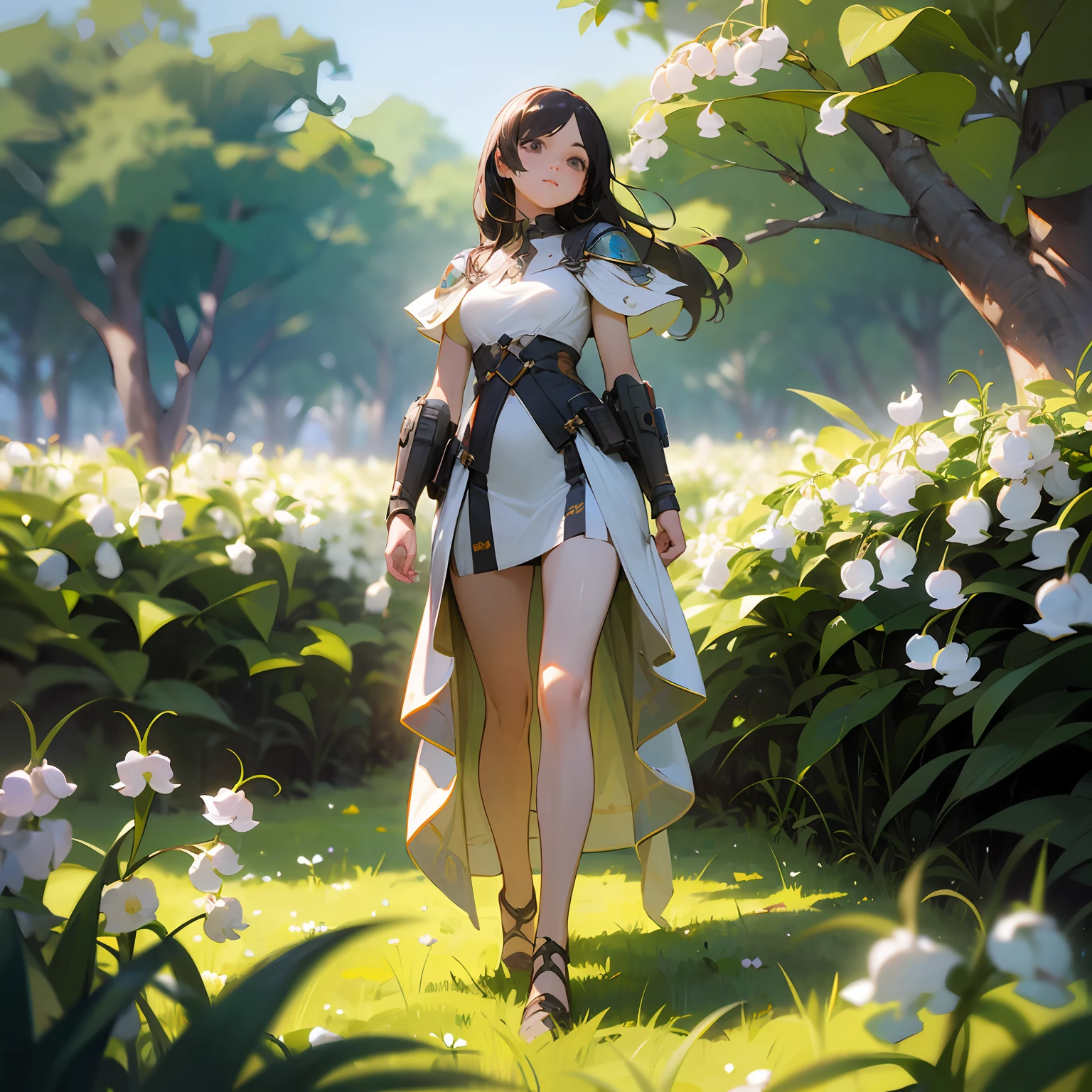 Beautiful portrait of a beautiful  girl in Lily of the valley field, Full Body, science fiction,Accessories for shoes、 detailed eyes, artstation, Sharp focus, photo-realistic, 35mm, Ultra Detail, 4 k, radiant light