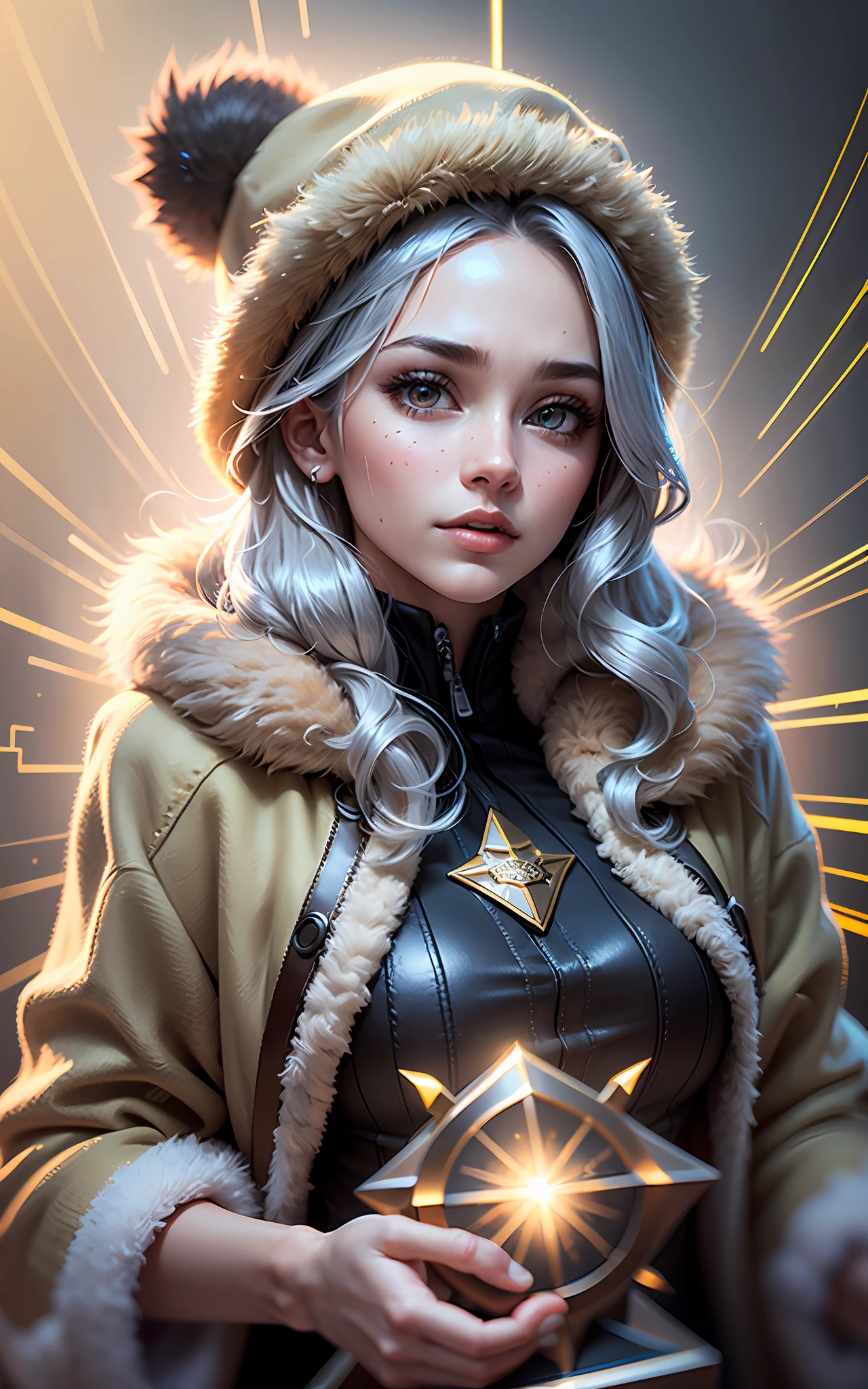 (award winning 64k concept art:1.2) of (young woman:1.2) in fur coat, fur hat, sweet, holding her breath, front, epic, god rays, centered, (upper body:1.2), (masterpiece:1.2), (best quality:1.3), Amazing, highly detailed, beautiful, finely detailed, warm soft color grading, (Depth of field:1.4), extremely detailed 64k, fine art, stunning, (light reflections:1.3), (crisp:1.6), silver short curls, winter, vibrant, sunlit, (edge detection:1.4), absurdres, impressive, 120mm, glittering, extremely clear, lens flare, motion lines