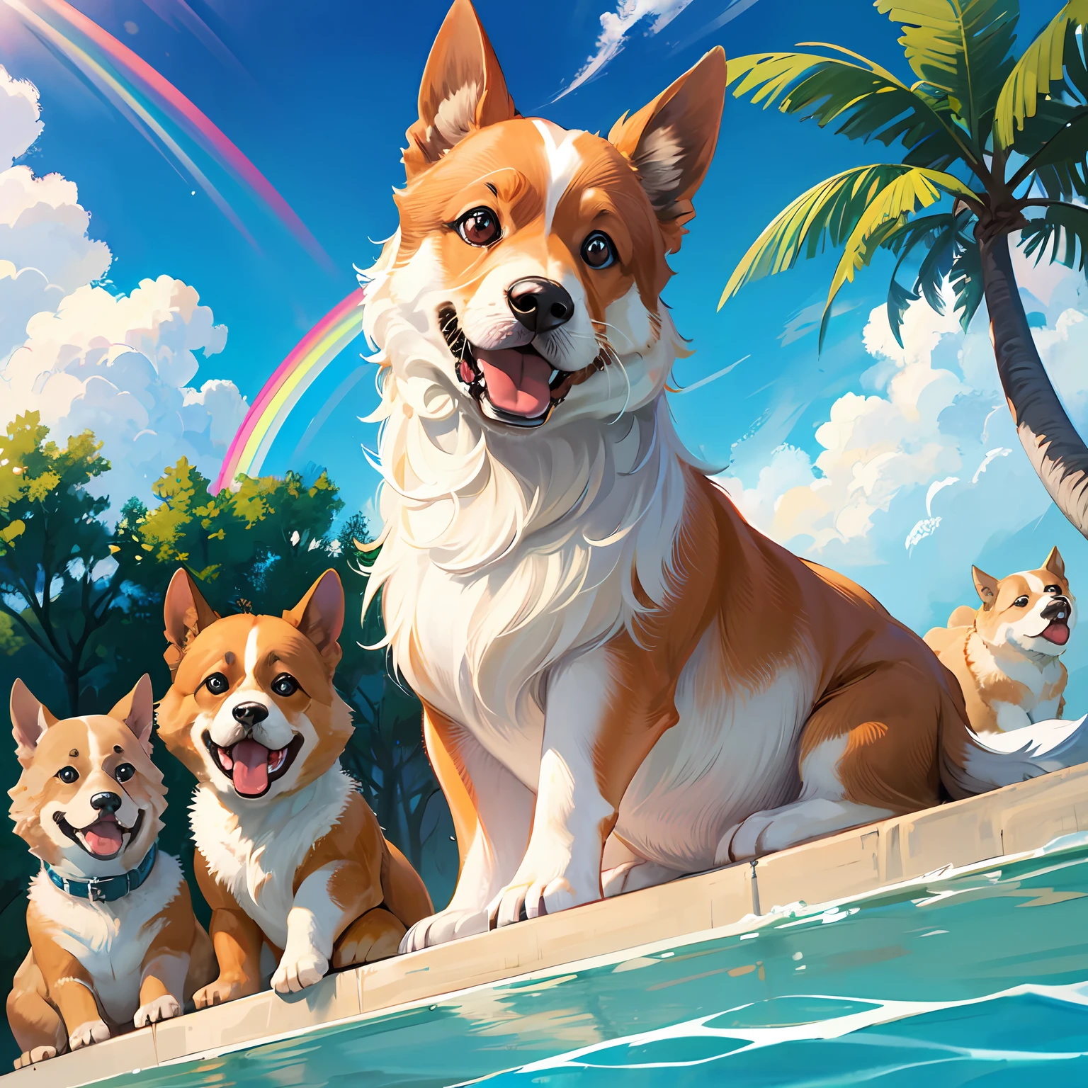 Master works, High quality, film quality, corgi, Fly by the pool, Pool,clouds, rainbows, wings,Many puppies,party