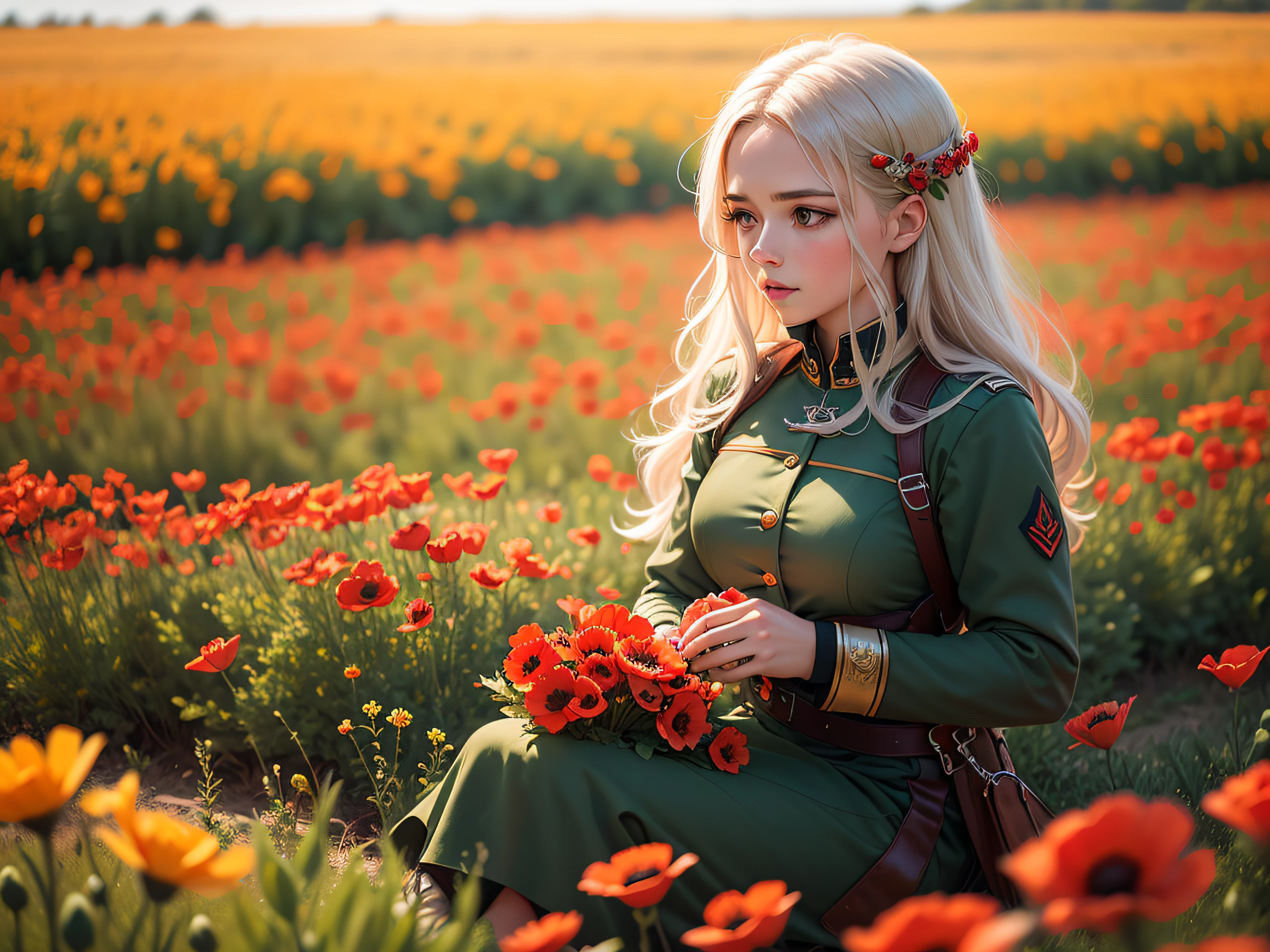 a woman sitting in a field of red flowers, featured on cg society, color field, shot on sony a 7 iii, girl jumping in a flower field, portrait of celtic goddess diana, deblurring, the golden hour, portrait of cute soldier girl, tessgarman, poppies, lots of flowers, f/4 --auto