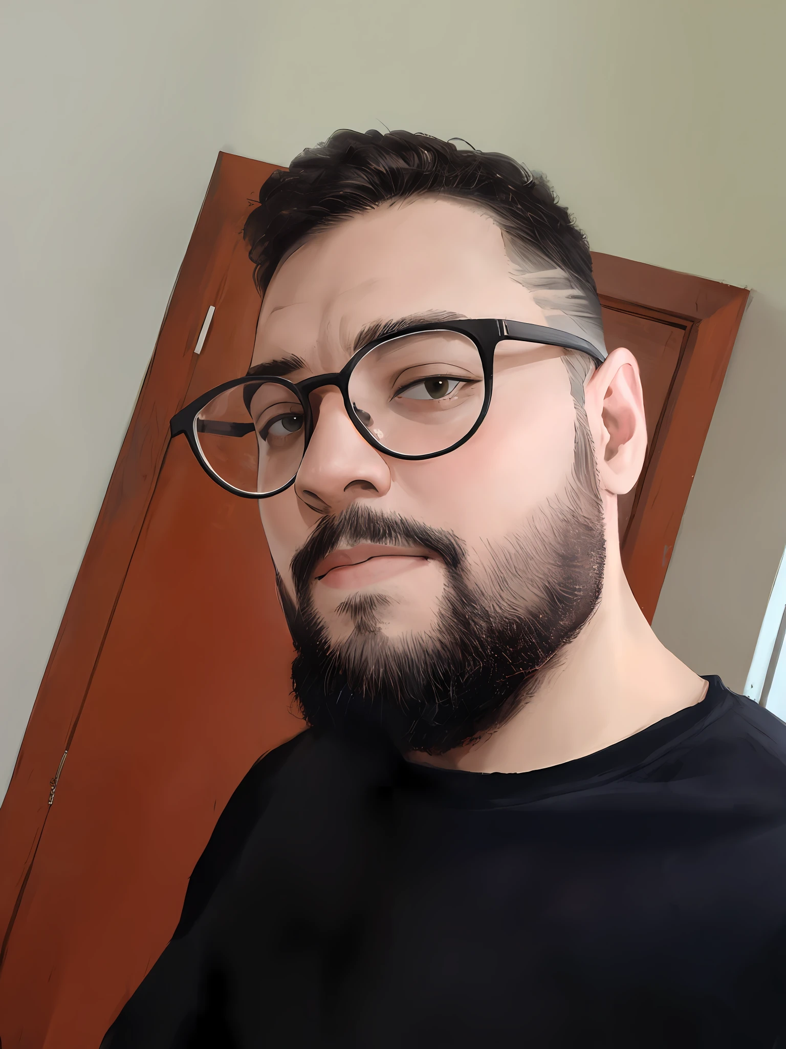 there is a man with glasses and a beard standing in front of a door, with nerdy glasses and goatee, com uma barba pequena, Streamer do Twitch / Jogador Ludwig, barba pequena, icaro carvalho, com copos e cavanhaque, Direction: Nandor Soldier, foto de perfil profissional, neckbeard, 2 8 anos, 2 7 anos