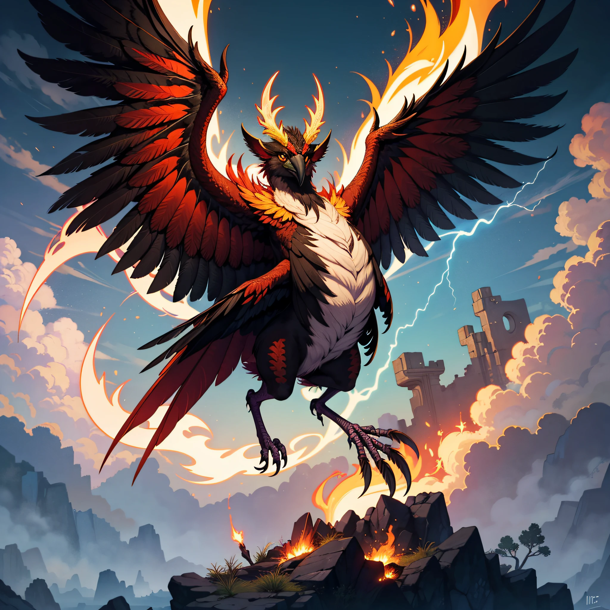 Phoenix Gryphon, iridescent gold horns, flame colored head wings, flame colored feathered wings, red and cream feathers, fire lightning markings, fantasy, masterpiece, best quality