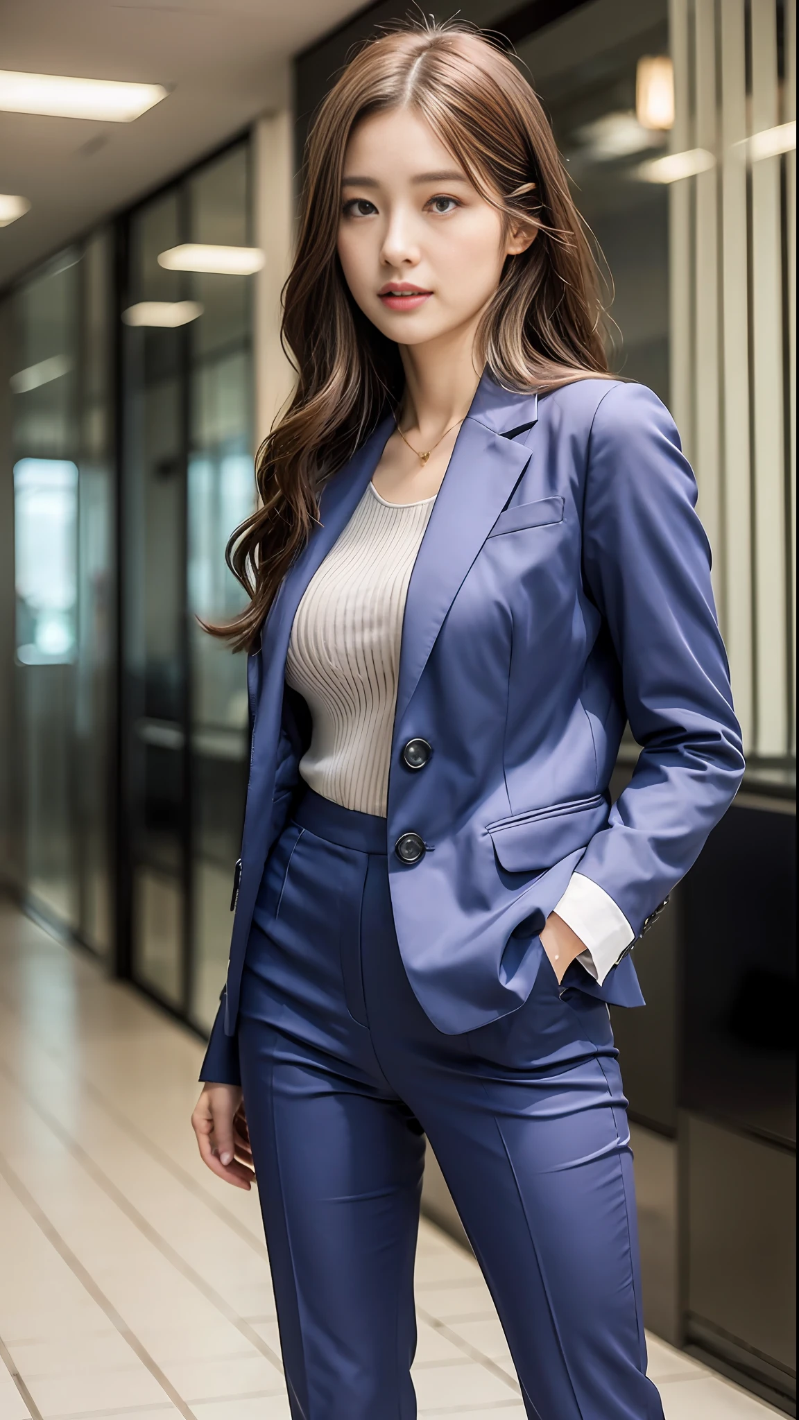 (bestquality、8k、32k、master masterpiece、UHD:1.2)、1girle、Beautiful Japan Woman、narrow waist、Navy suit、Open jacket、OL、suit、pants、Since a while ago、office、machine、finely detailed face、Long hair、Shy face、