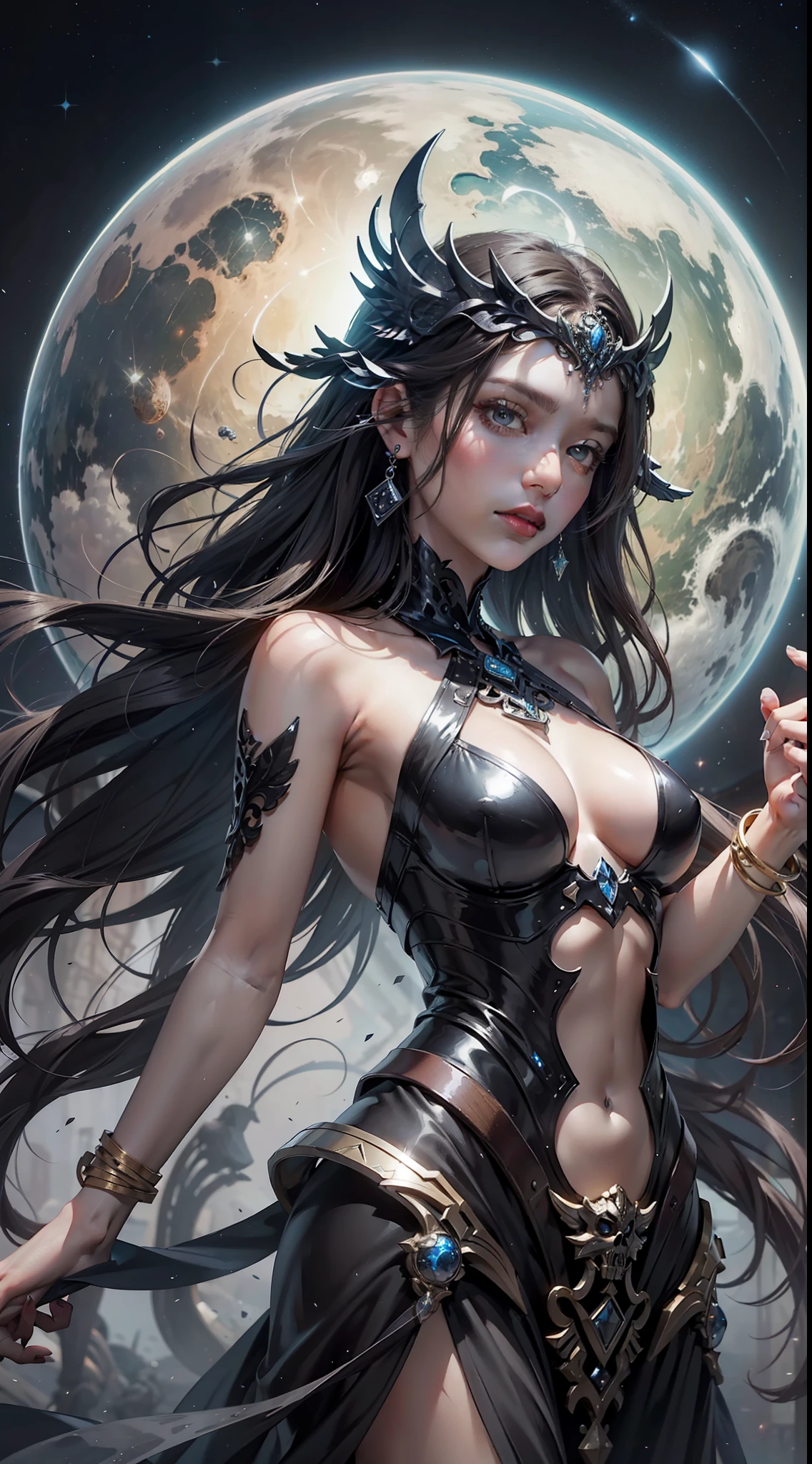 (Very detailed 8K wallpapers), medium shot ,(Drug style), (acidic very bright colors), The girl is the goddess of the abyss. Goddess, Beautiful, Like the night sky. Dark skin, Airy obsidian hair scattered in depth. Splashes of stars shine on the face with the destruction of facial features and skeleton. The planets surround the head of the skeleton with a halo. He wears a majestic obsidian dress. In her hands, she holds a magic sphere. Detailed art, cartoon, Old school, watercolor, Top Art Station, fantasy, intricate, elegant, Detailed, Digital Painting, Artstation, concept-art, mat, Clear Focus, illustration. very higаh resolution, masterpiece intricate, highly detailed, dramatic