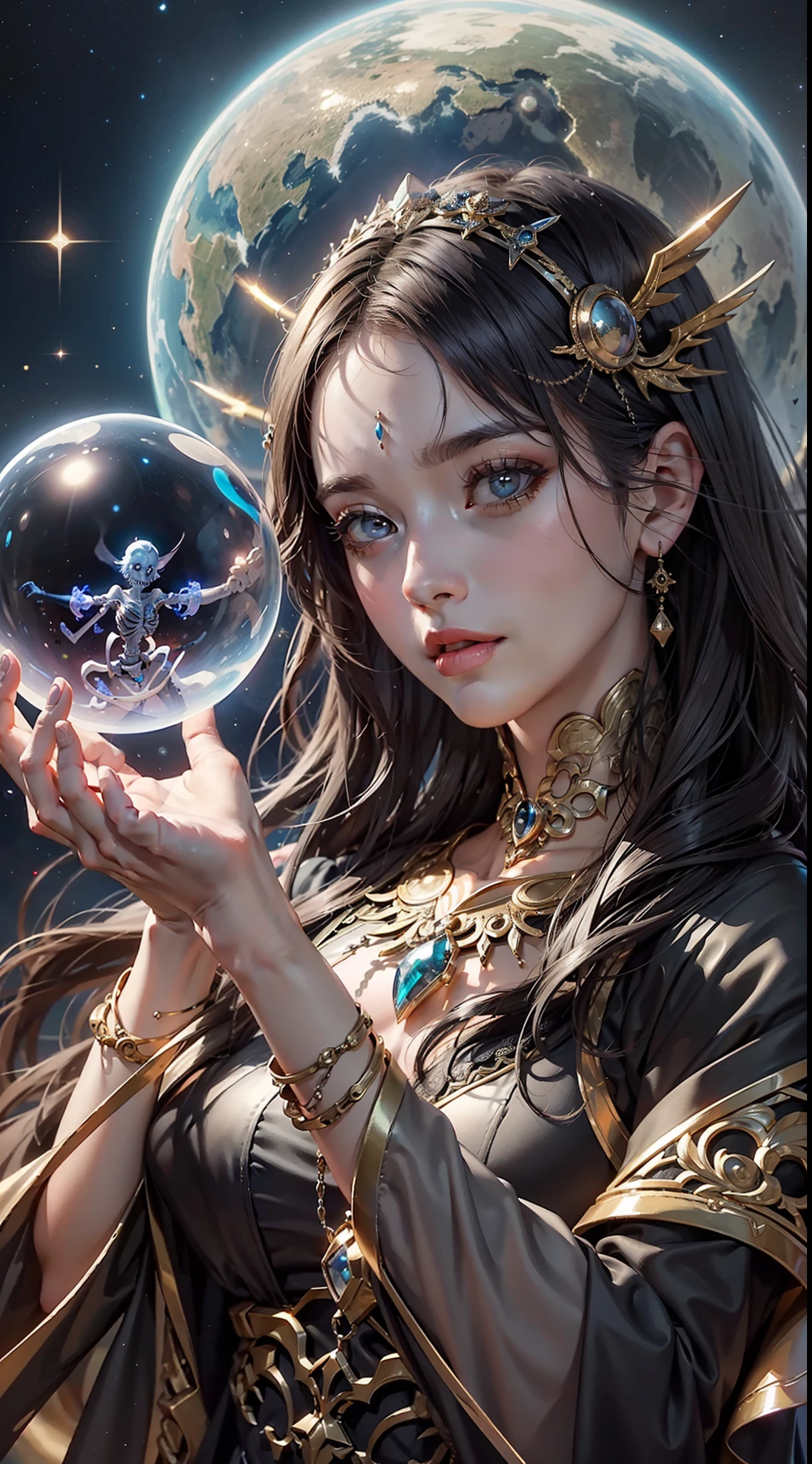 (Very detailed 8K wallpapers), medium shot ,(Drug style), (acidic very bright colors), The girl is the goddess of the abyss. Goddess, Beautiful, Like the night sky. Dark skin, Airy obsidian hair scattered in depth. Splashes of stars shine on the face with the destruction of facial features and skeleton. The planets surround the head of the skeleton with a halo. He wears a majestic obsidian dress. In her hands, she holds a magic sphere. Detailed art, cartoon, Old school, watercolor, Top Art Station, fantasy, intricate, elegant, Detailed, Digital Painting, Artstation, concept-art, mat, Clear Focus, illustration. very higаh resolution, masterpiece intricate, highly detailed, dramatic