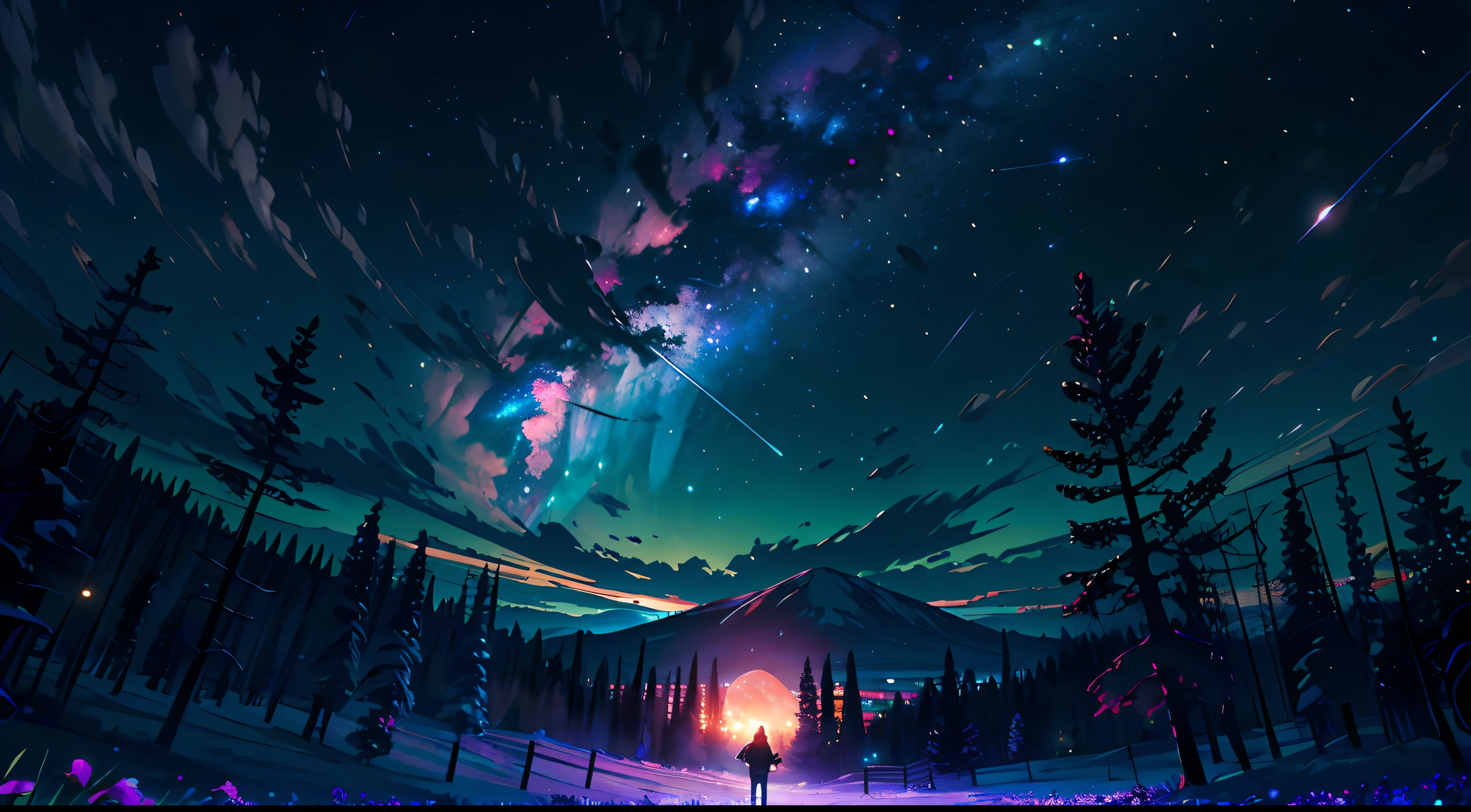Expansive landscape photograph, (view from below with a view of the sky and the wilderness below), little girl standing in a flower field looking up, (full moon: 1.2), (shooting star: 0.9), (nebula: 1.3), distant mountain, tree break production art, (warm light source: 1.2), (firefly: 1.2), lamp, purple and orange, intricate detail, volume lighting BREAK (masterpiece: 1.2), (highest quality ), 4k, ultra-detailed, (dynamic configuration: 1.4), highly detailed and colorful details (iridescent: 1.2), (sparkling lighting, atmospheric lighting), dreamy, magical, (solo: 1.2)
