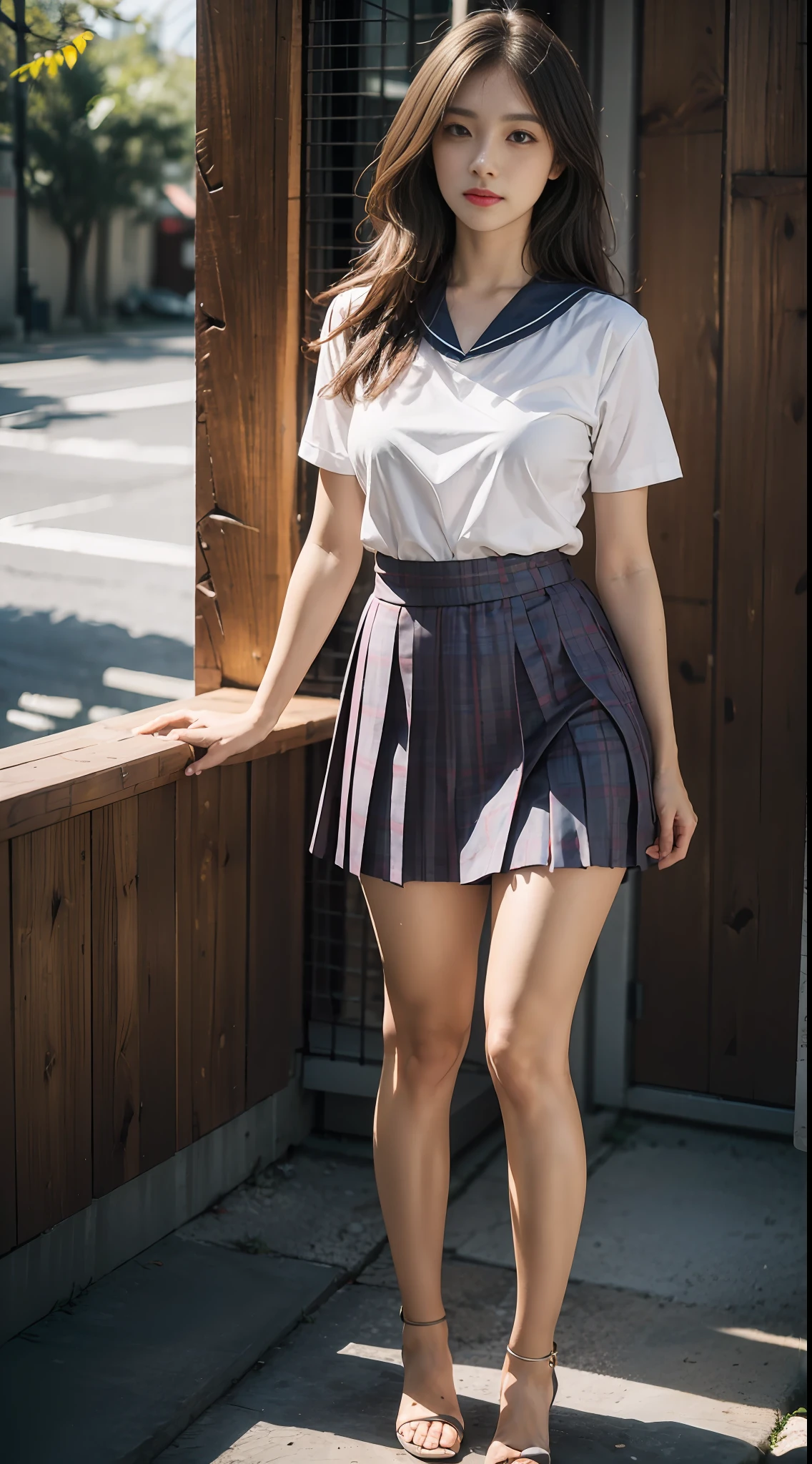 1 girl, solo, indoor, long hair, serafuku, looking at the audience, brunette hair, behind arms, pleated skirt, neckline, plaid skirt, sailor collar, short sleeves, brown eyes, sky, red collar, standing, brown hair, realistic, best quality, super high resolution, (realistic:1.4), perfect light, small breasts, parted lips, black thighs, full body, best quality, super high resolution, (realistic: 1.4), full body, dynamic angle, close up, cpl filter, blurry background, bokeh, blue hour