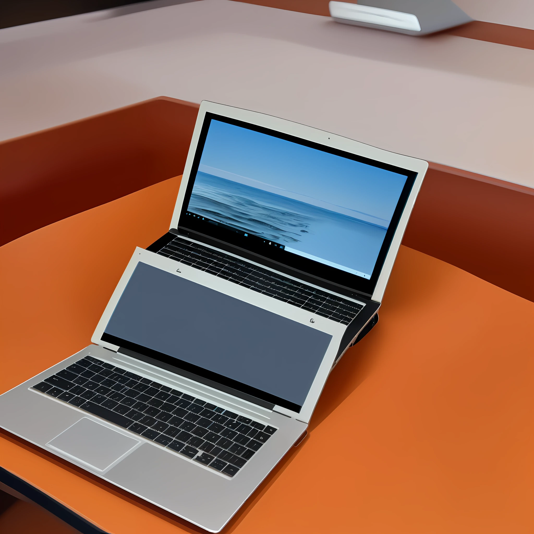 A laptop on a desk，A little decoration on the table，Give this laptop a close-up，Overall bright style。