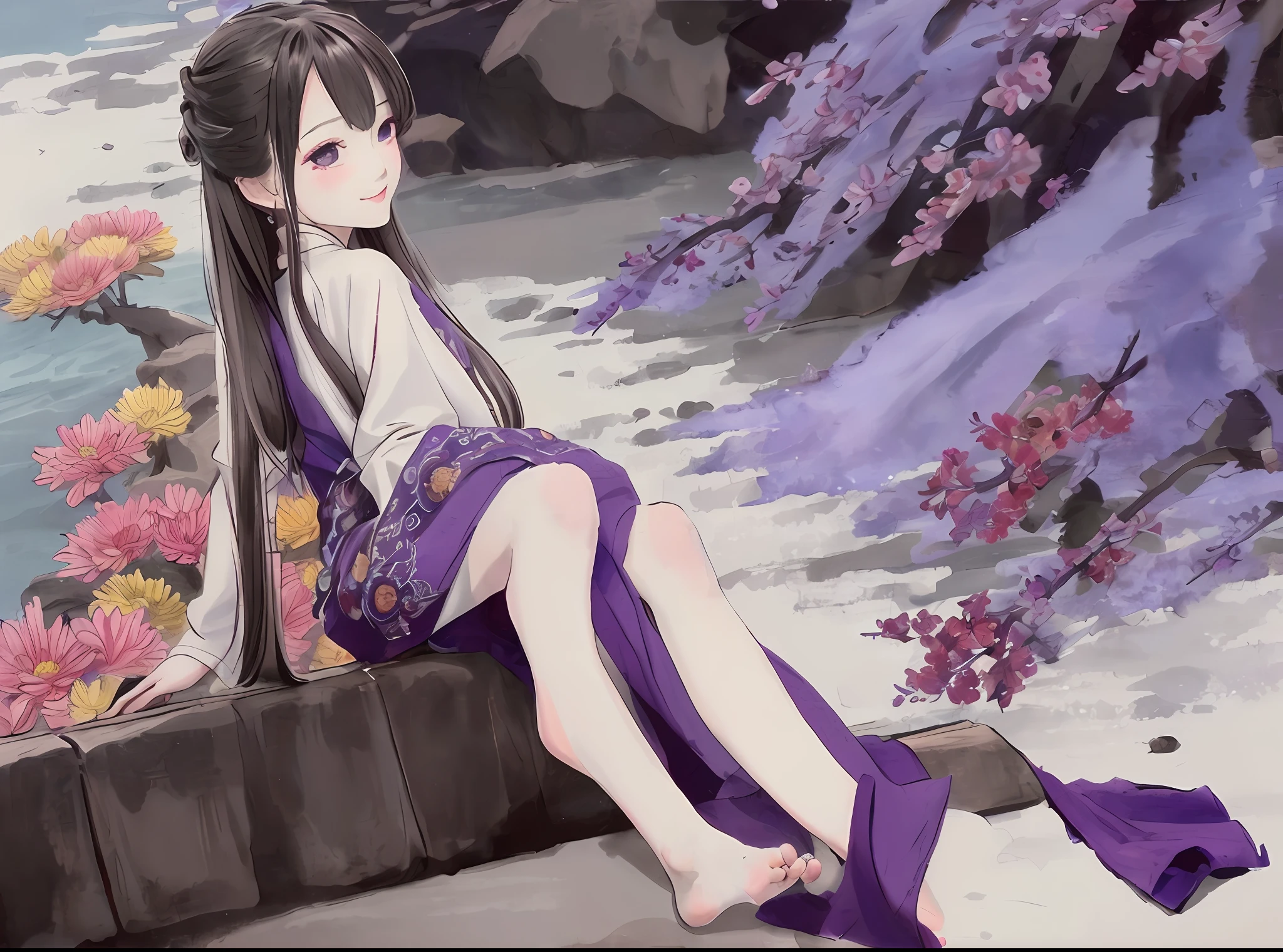 ((4K,Masterpieces,Best quality)), shuimobysim, Traditional chinese painting, ink, Hanfu, maxiskit, Dress conservatively 1girl, solo,Long purple hair, smiles, Side leaning, A smile, bare feet，Sea of flowers