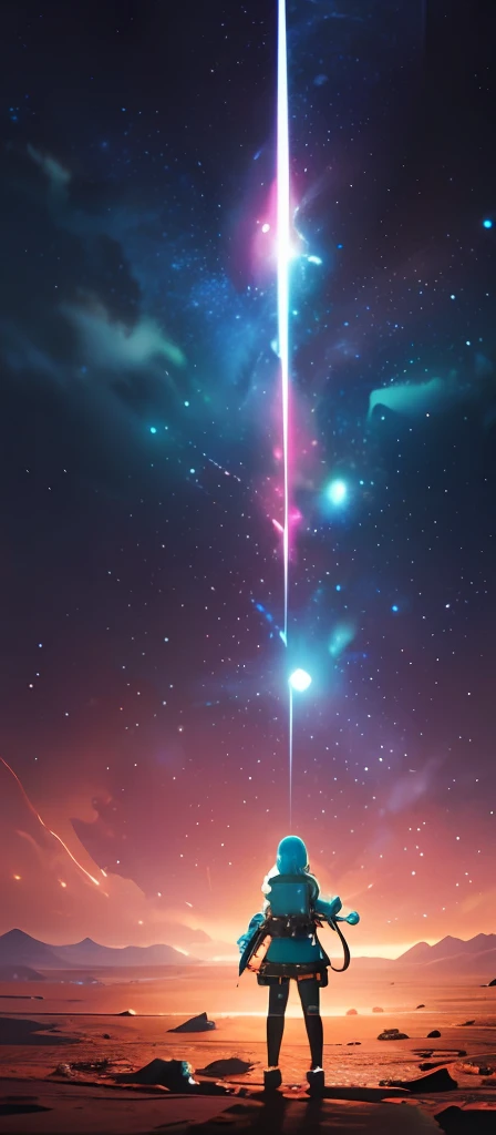 girl warm turquoise color, armor, standing, space nebula background, stars, galaxies, masterpiece, juicy contrast, cheerful mood, pro CGI, complex lighting