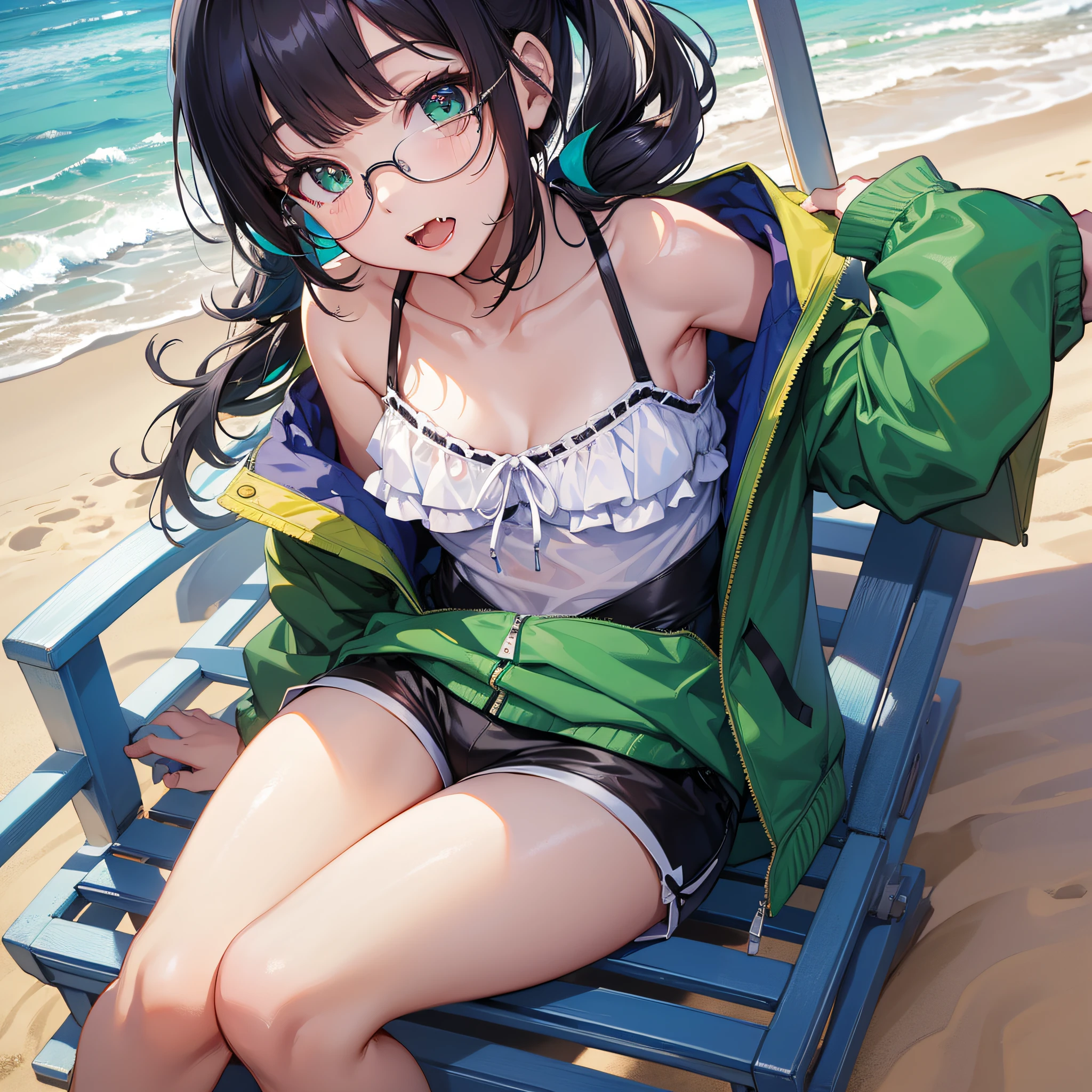 1 girl,solo,(loli:1.5),(black hair:1.3),ᗜ ‸ ᗜ,sitting on a beach chair ,karylbb,two-tone hair,low twintails,green eyes,fang,cat tail,eyewear on head,collarbone,purple jacket,bare shoulders,swimsuit,black bikini,white shorts,
(full body:1.5),looking at viewer,(straight-on :1.5),in  summer,over  the  sea,