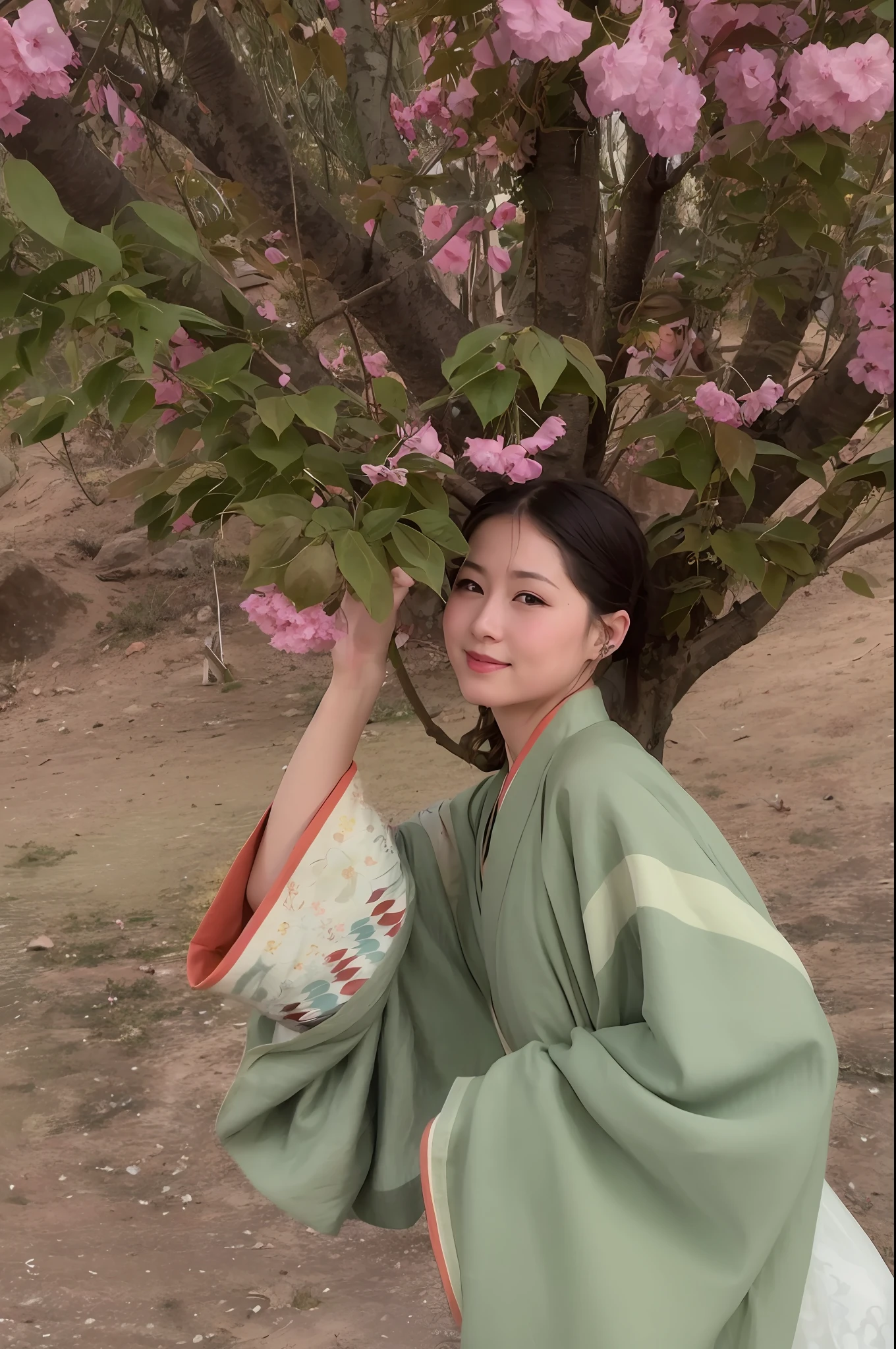 araffe woman in a kimono standing under a tree with pink flowers, Hanfu, pale and coloured kimono, in kimono, palace , a girl in hanfu, in kimono, in a kimono, traditional japanese colors, Japanese kimono, in a kimono, wearing ancient chinese clothes, Middle metaverse, in a kimono, Inspired by Ma Yuanyu