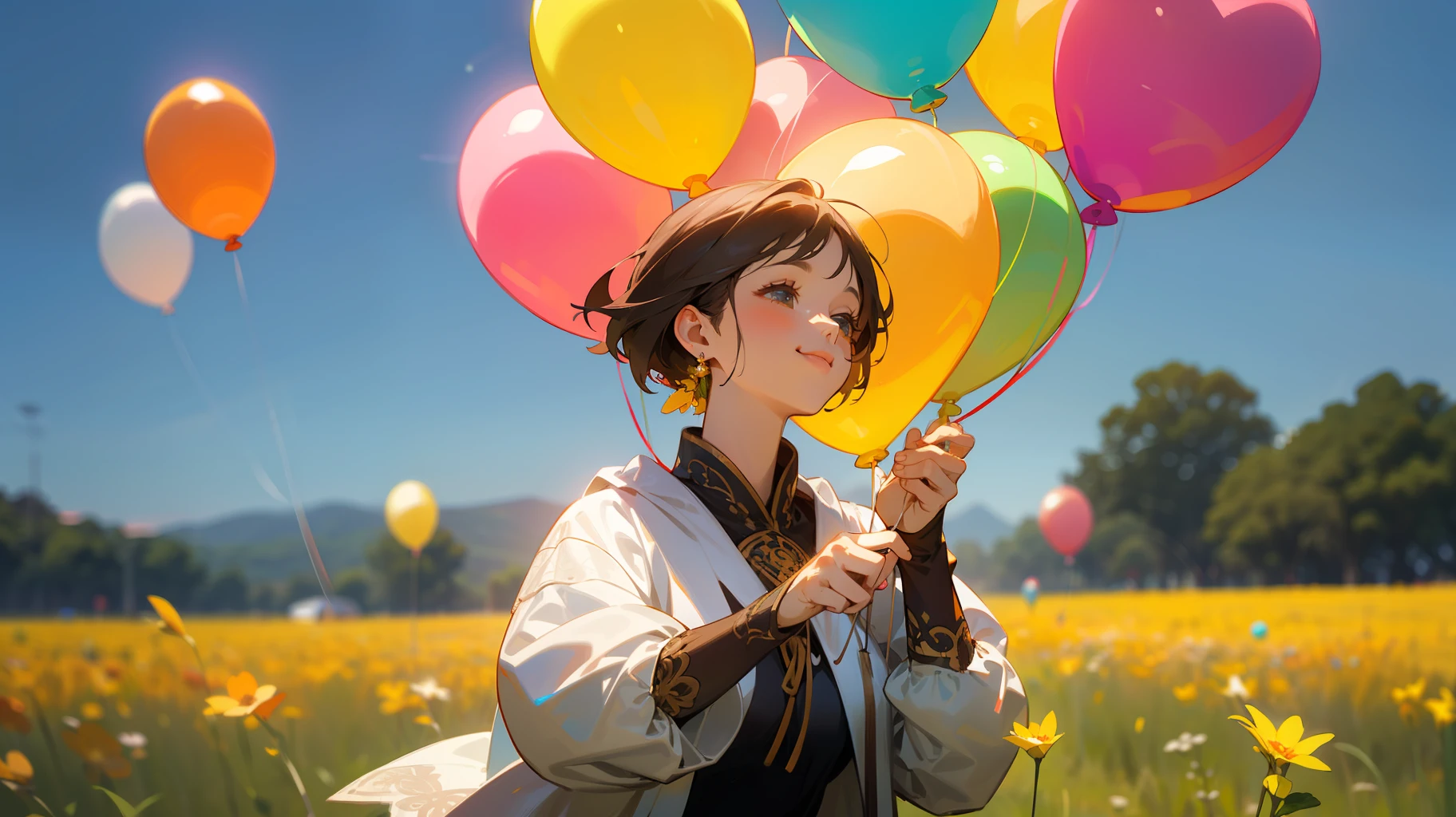 A girl holding flowers, colorful balloons floating in the sky, meadow, dancing, holding flowers, happy, happy, perfect quality, clear focus (clutter-home: 0.8), (masterpiece: 1.2) (Realistic: 1.2) (Bokeh) (Best quality) (Detailed skin: 1.3) (Intricate details) (8K) (Detail Eyes) (Sharp Focus), (Happy)