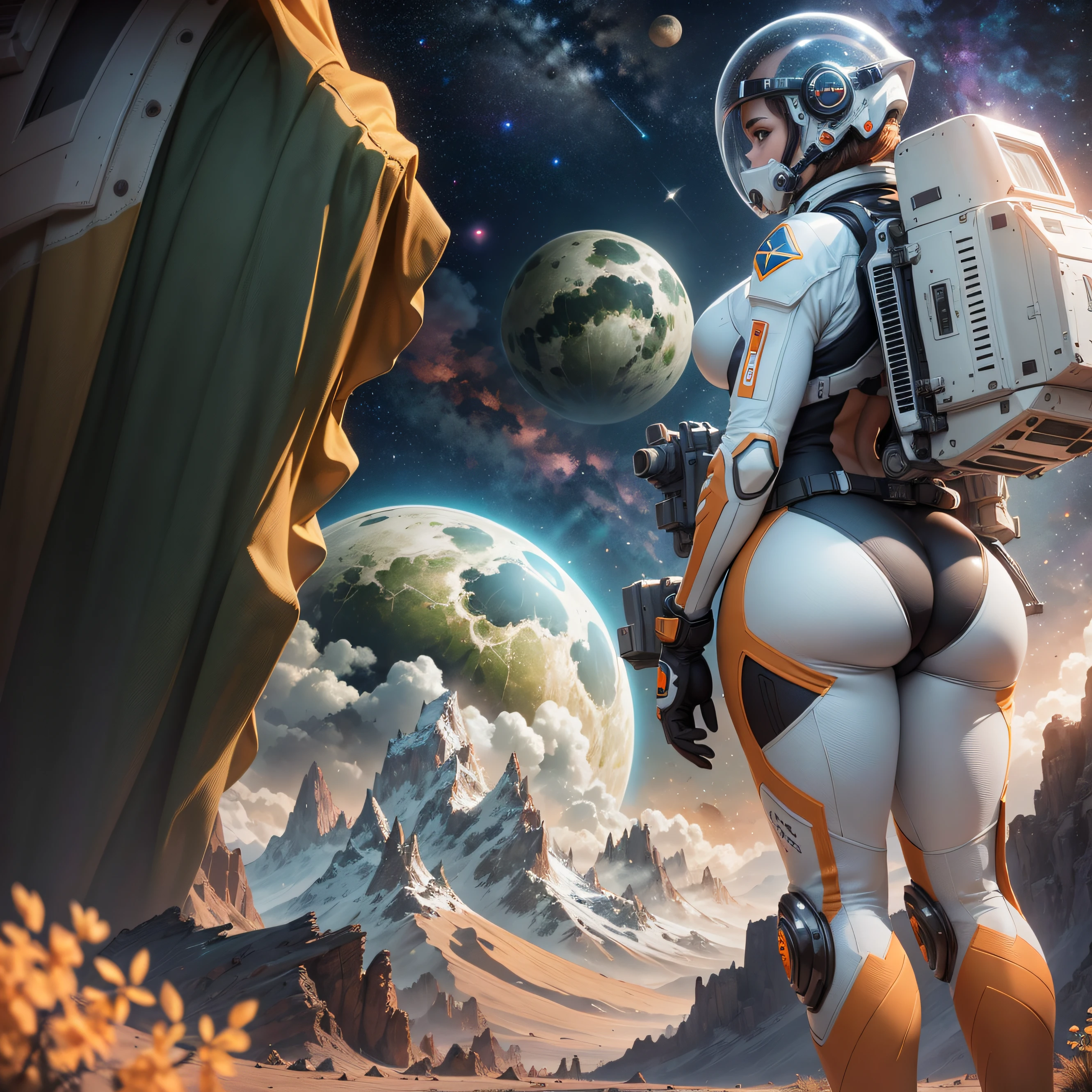 rear angle, Highly detailed RAW color Photo, Rear Angle, Full Body, of (female space soldier, wearing orange and white space suit, helmet, tined face shield, rebreather, accentuated booty), outdoors, (looking up at advanced alien structure, on alien planet), toned body, big butt, (sci-fi), (mountains:1.1), (lush green vegetation), (two moons in sky:0.8), (highly detailed, hyperdetailed, intricate), ((DAY TIME)), (lens flare:0.7), (bloom:0.7), particle effects, raytracing, cinematic lighting, shallow depth of field, photographed on a Sony a9 II, 50mm wide angle lens, sharp focus, cinematic film still from Gravity 2013, from behind