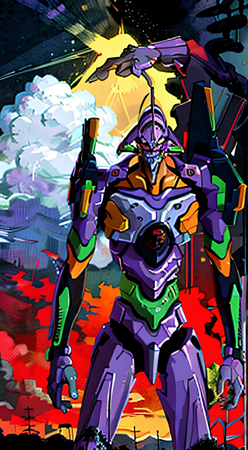 EVA 01, God Eva, Evangelion mech, scifi, looking at audience, (official arts, best quaity, Masterpieces:1.2), wallpaper,Hd, high res,