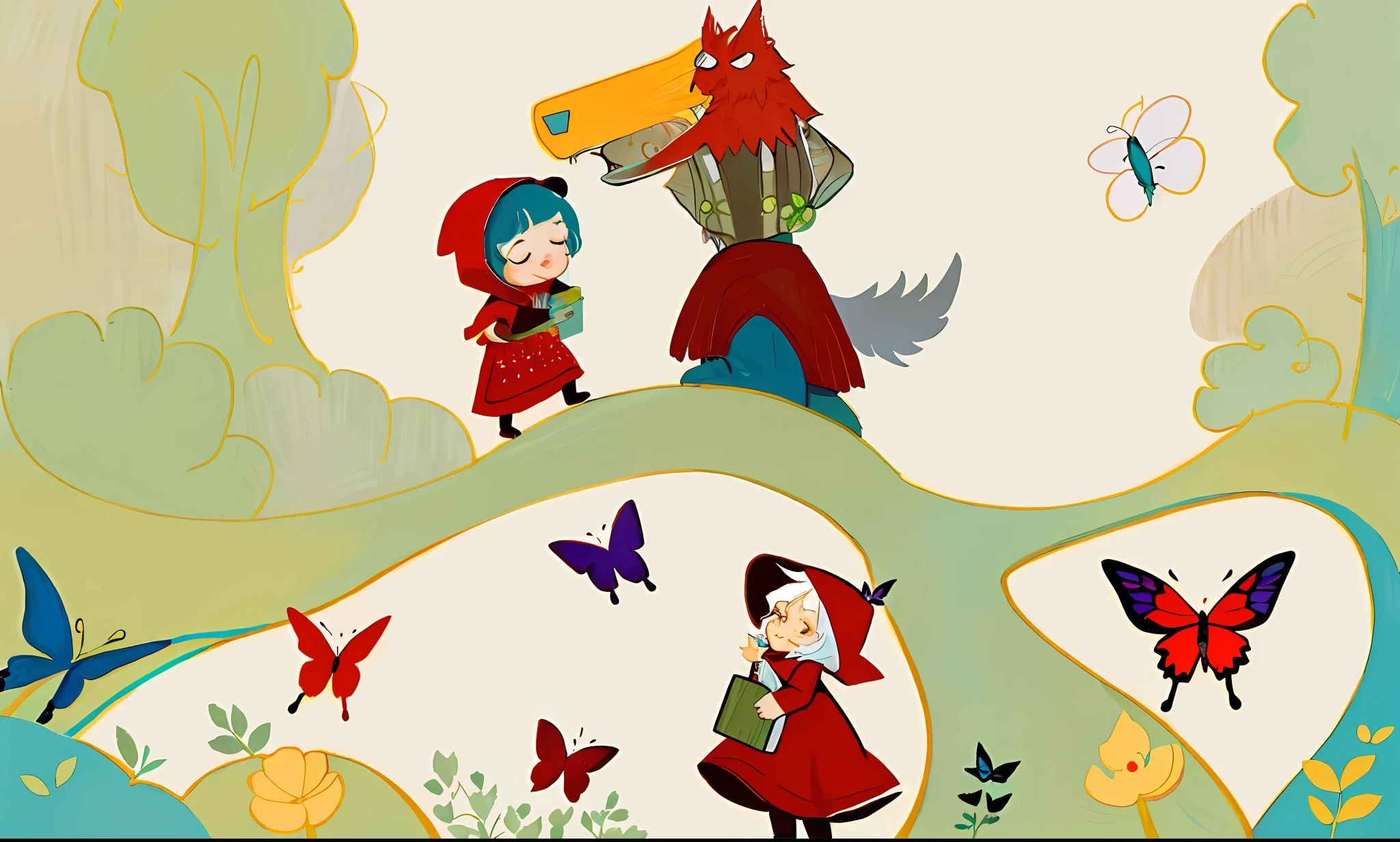 Little Red Riding Hoodie and Caricature in Wolf, red riding hood, big bad wolf, illustration for children, fairy-tale illustration style, Children's illustration, fairy tale illustration, children's book illustration, children's book illustration, Illustration of toddlers, story book illustration, story book illustration。tree。Lawn，butterflies，Lovely drawing style。rich color，Harmony and unity