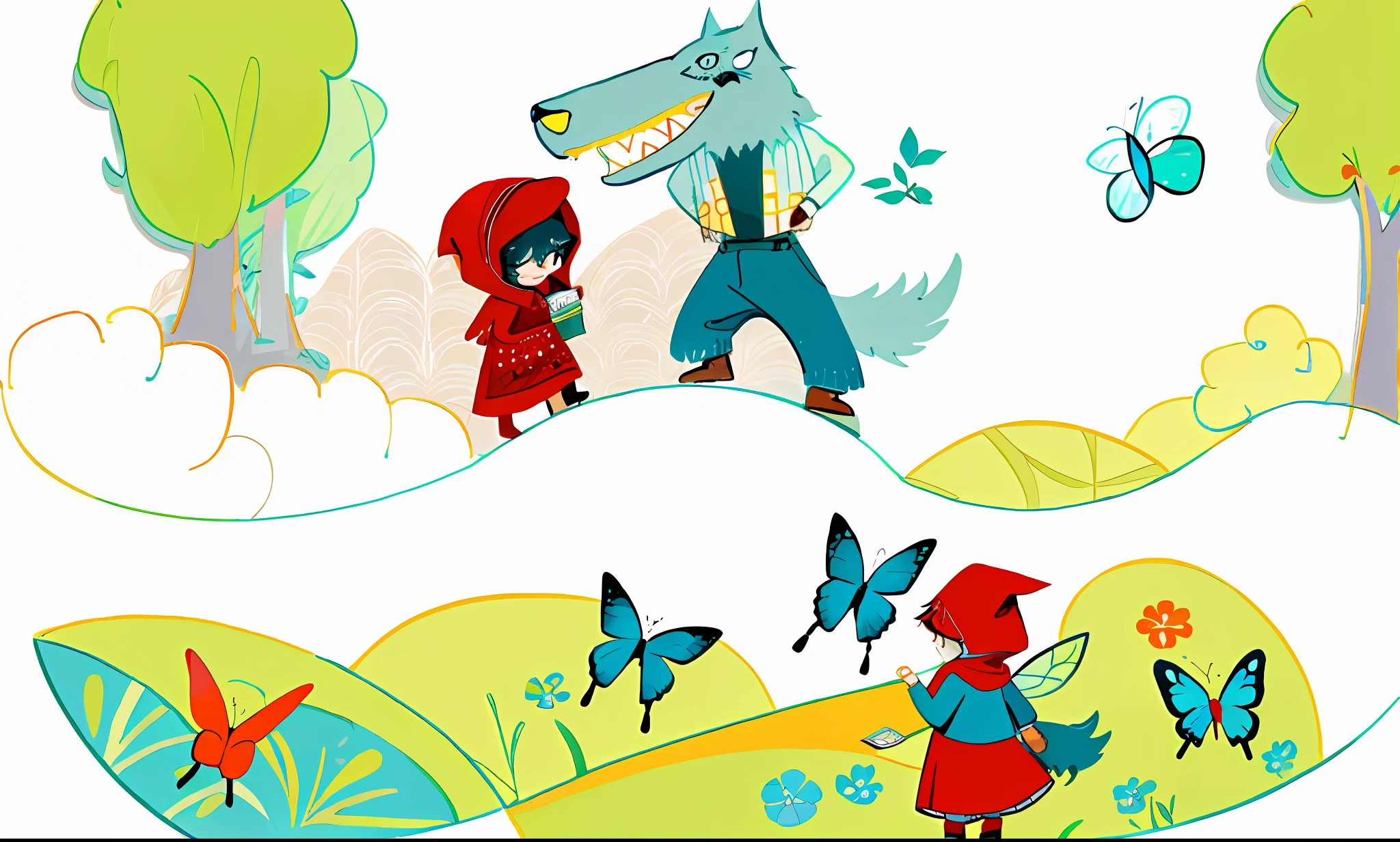 Little Red Riding Hoodie and Caricature in Wolf, red riding hood, big bad wolf, illustration for children, fairy-tale illustration style, Children's illustration, fairy tale illustration, children's book illustration, children's book illustration, Illustration of toddlers, story book illustration, story book illustration。tree。Lawn,butterflies,Lovely drawing style。rich color,Harmony and unity