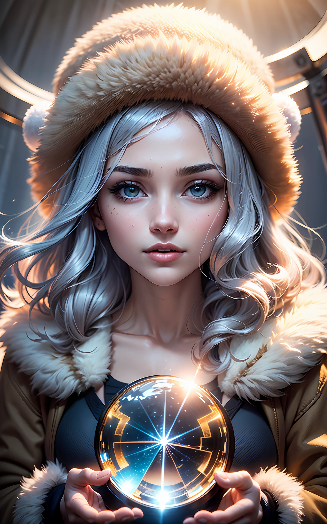 (award winning 64k concept art:1.2) of (young woman:1.2) in fur coat, fur hat, sweet, holding her breath, front, epic, god rays, centered, (upper body:1.2), (masterpiece:1.2), (best quality:1.3), Amazing, highly detailed, beautiful, finely detailed, warm soft color grading, (Depth of field:1.4), extremely detailed 64k, fine art, stunning, (light reflections:1.3), (crisp:1.6), silver short curls, winter, vibrant, sunlit, (edge detection:1.4), absurdres, impressive, 120mm, extremely clear, lens flare, motion lines