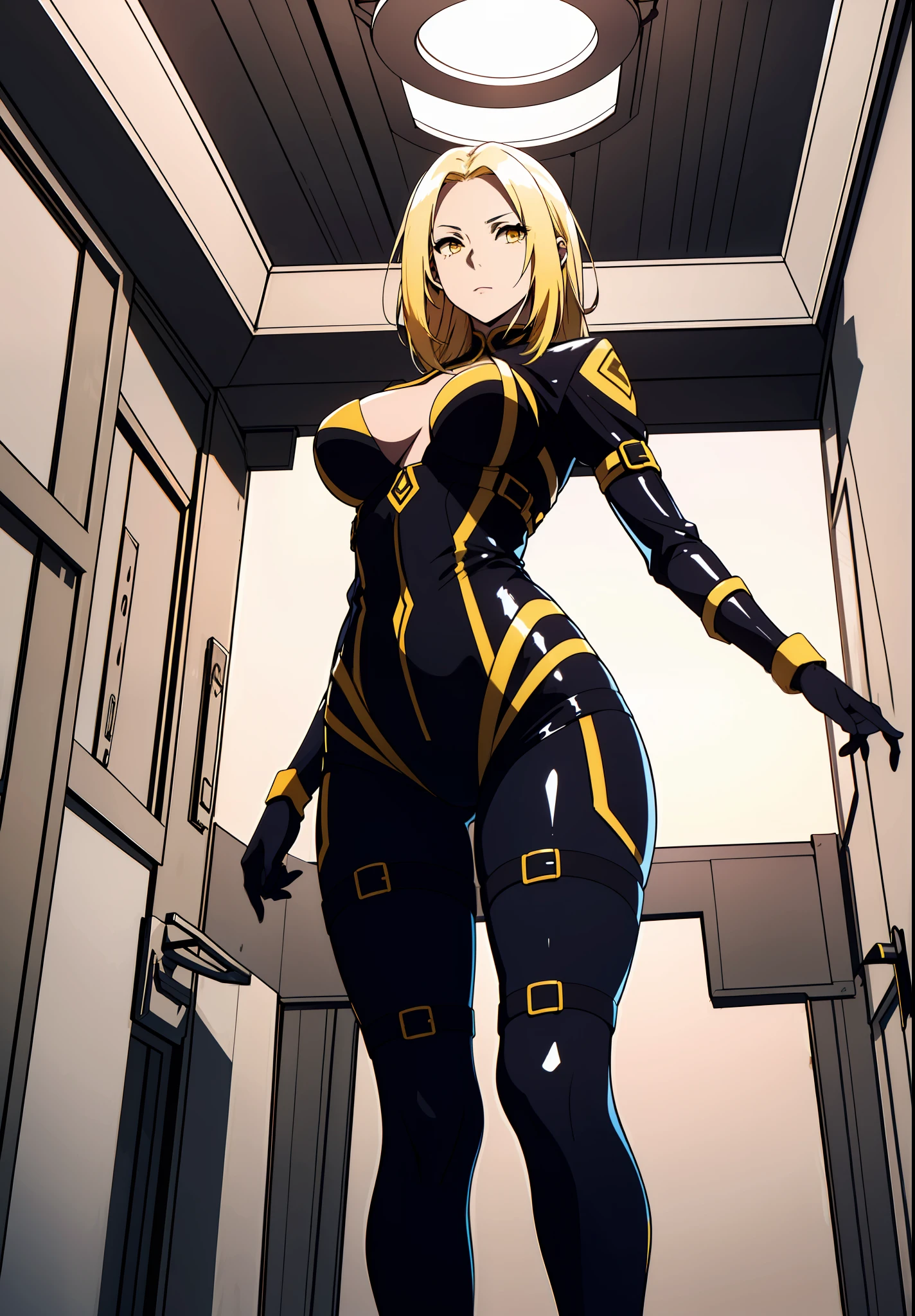 "Masterpiece, top-notch quality, stunningly high resolution,
1 woman, standing alone, arms raised, ample bosom, reaching towards the ceiling." Monochrome, yellow eyes, yellow hair, black and white background, black and white, low luminosity, weak light, dark background, latex clothes, female vestibule, from below