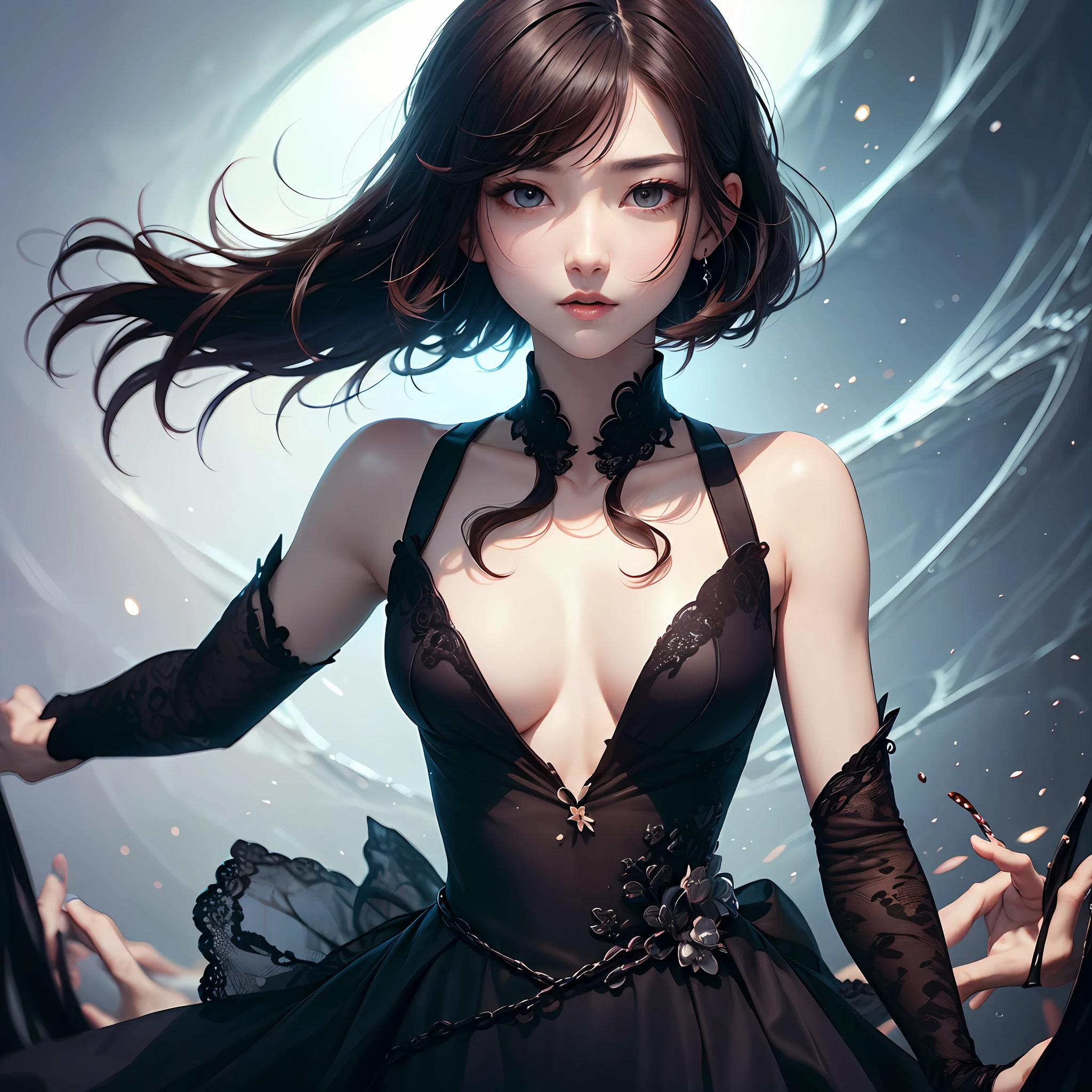 bestquality、master masterpiece、Dark hair、Red-eye、Black clothes、look down on、upperbody、Color white、Short Bob --auto